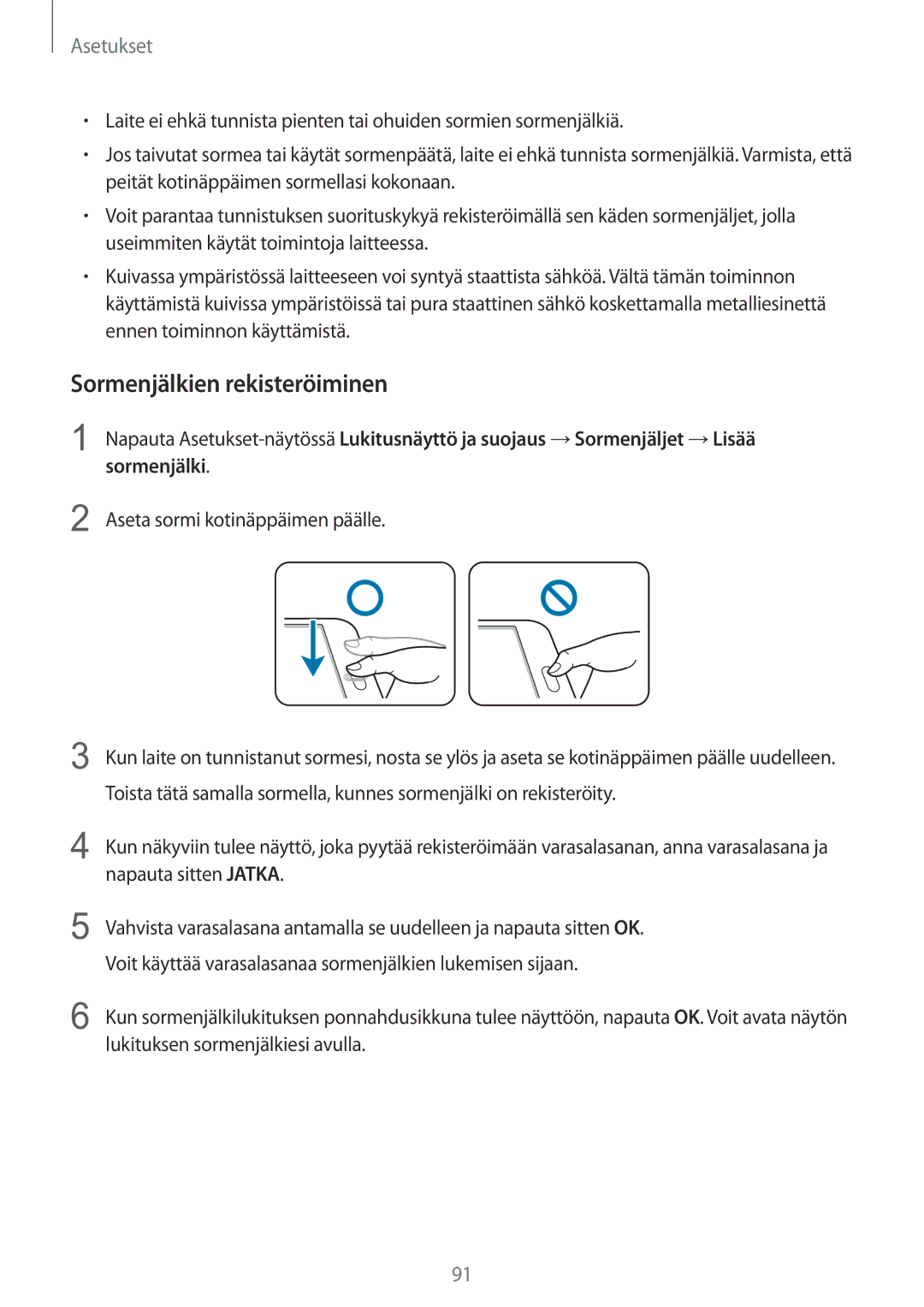 Samsung SM-T815NZWENEE manual Sormenjälkien rekisteröiminen 