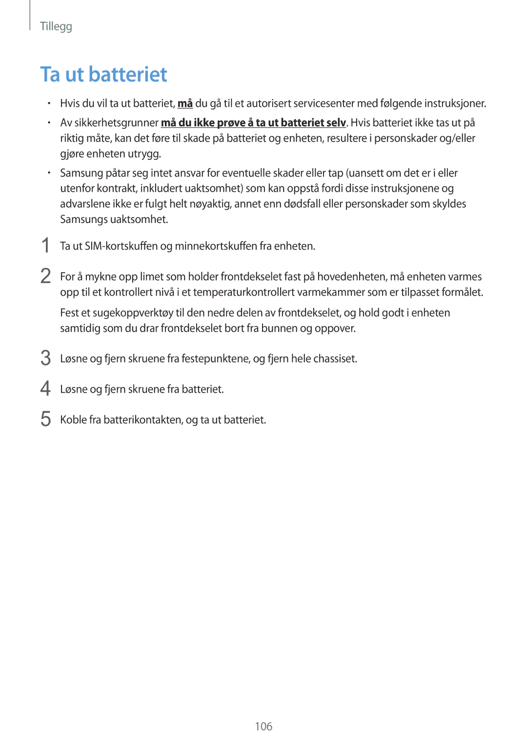 Samsung SM-T815NZWENEE manual Ta ut batteriet, 106 