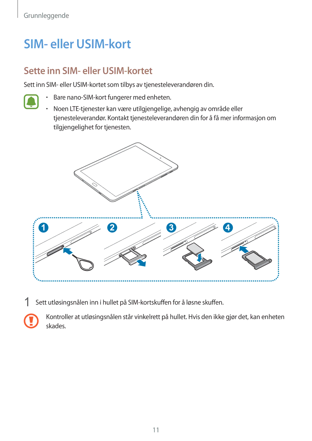 Samsung SM-T815NZWENEE manual Sette inn SIM- eller USIM-kortet 