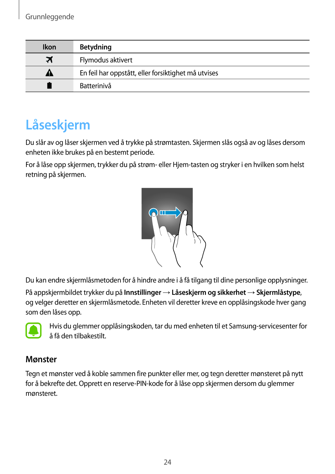 Samsung SM-T815NZWENEE manual Låseskjerm, Mønster 