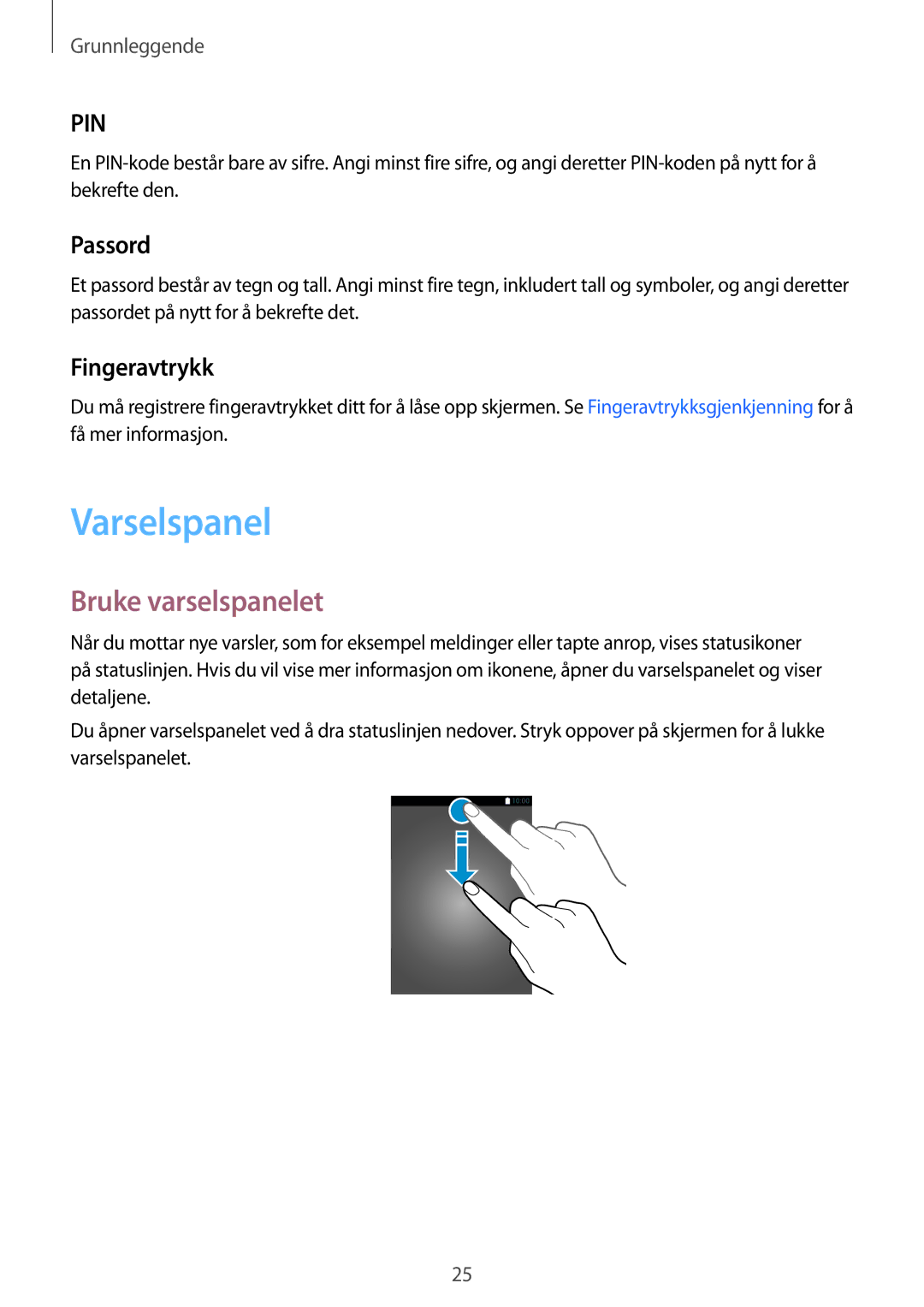 Samsung SM-T815NZWENEE manual Varselspanel, Bruke varselspanelet, Passord, Fingeravtrykk 