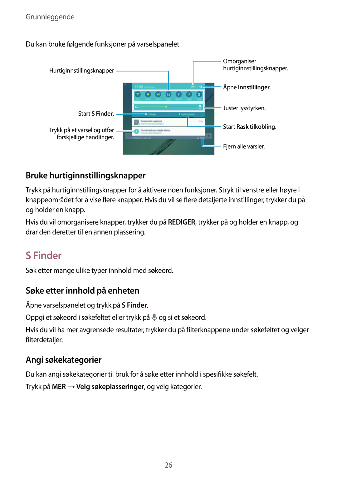 Samsung SM-T815NZWENEE manual Finder, Bruke hurtiginnstillingsknapper, Søke etter innhold på enheten, Angi søkekategorier 