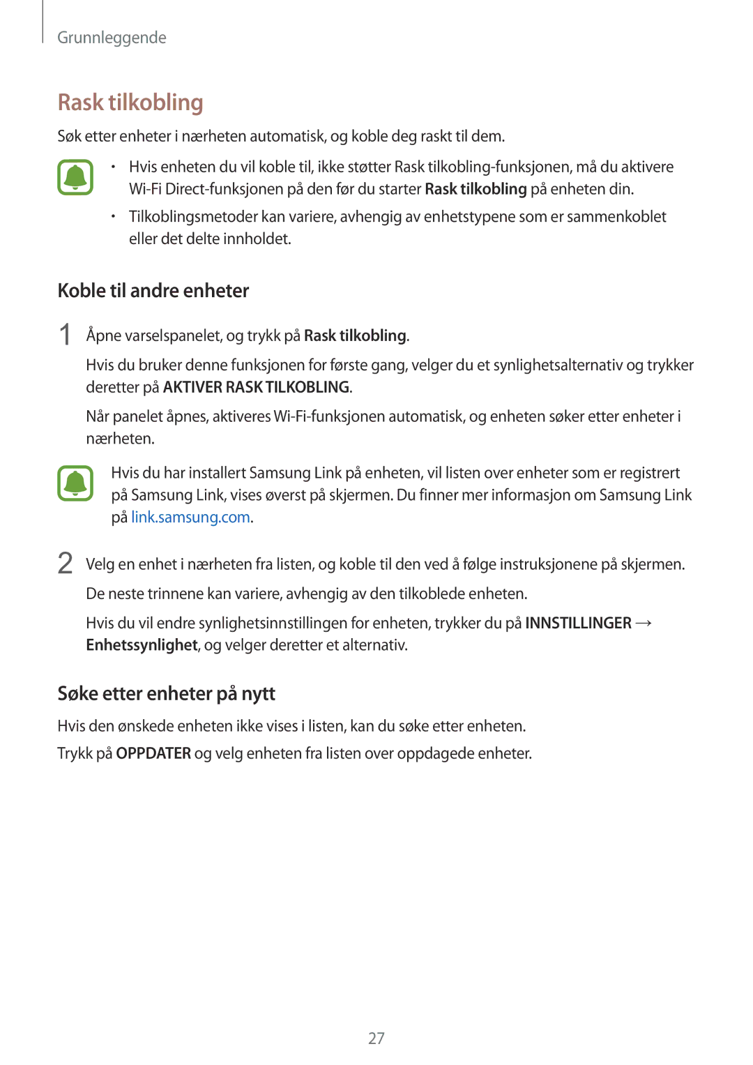 Samsung SM-T815NZWENEE manual Rask tilkobling, Koble til andre enheter, Søke etter enheter på nytt 