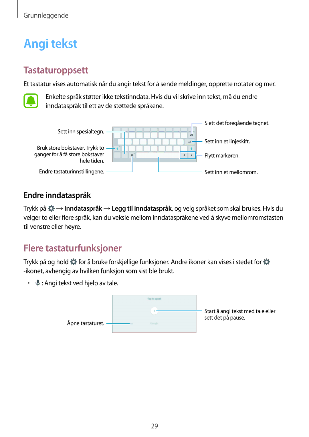 Samsung SM-T815NZWENEE manual Angi tekst, Tastaturoppsett, Flere tastaturfunksjoner, Endre inndataspråk 