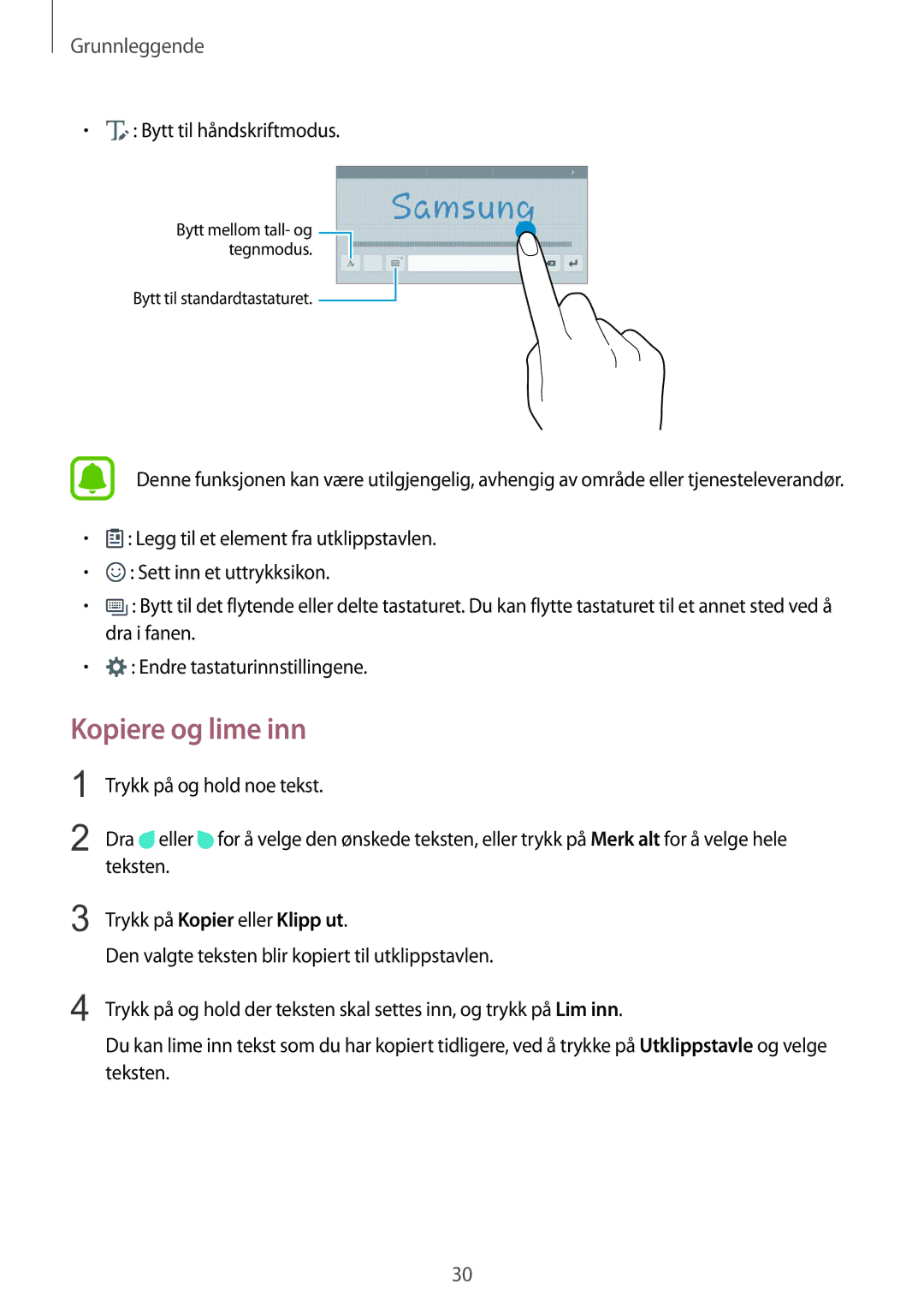 Samsung SM-T815NZWENEE manual Kopiere og lime inn, Bytt til håndskriftmodus 