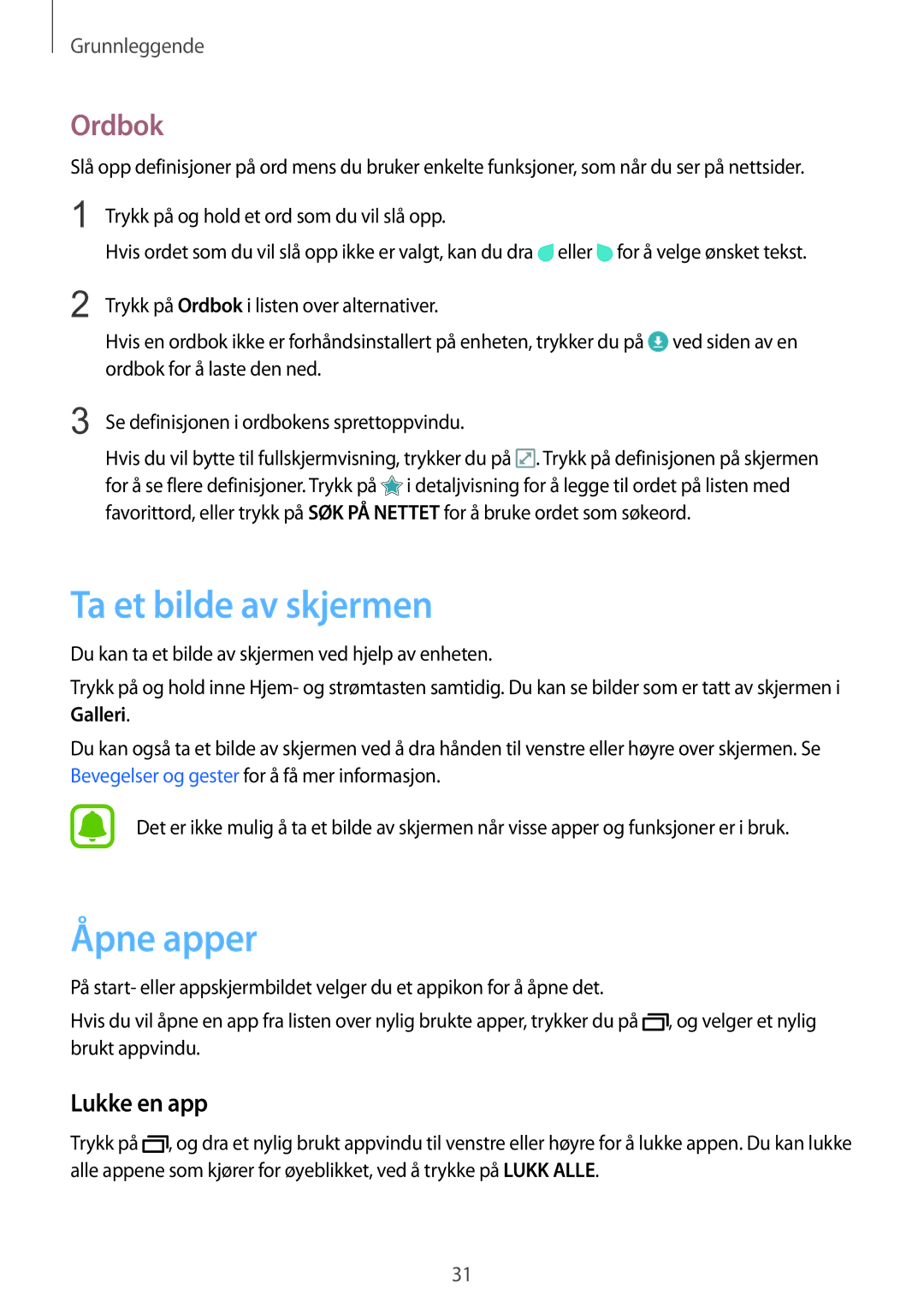 Samsung SM-T815NZWENEE manual Ta et bilde av skjermen, Åpne apper, Ordbok, Lukke en app 