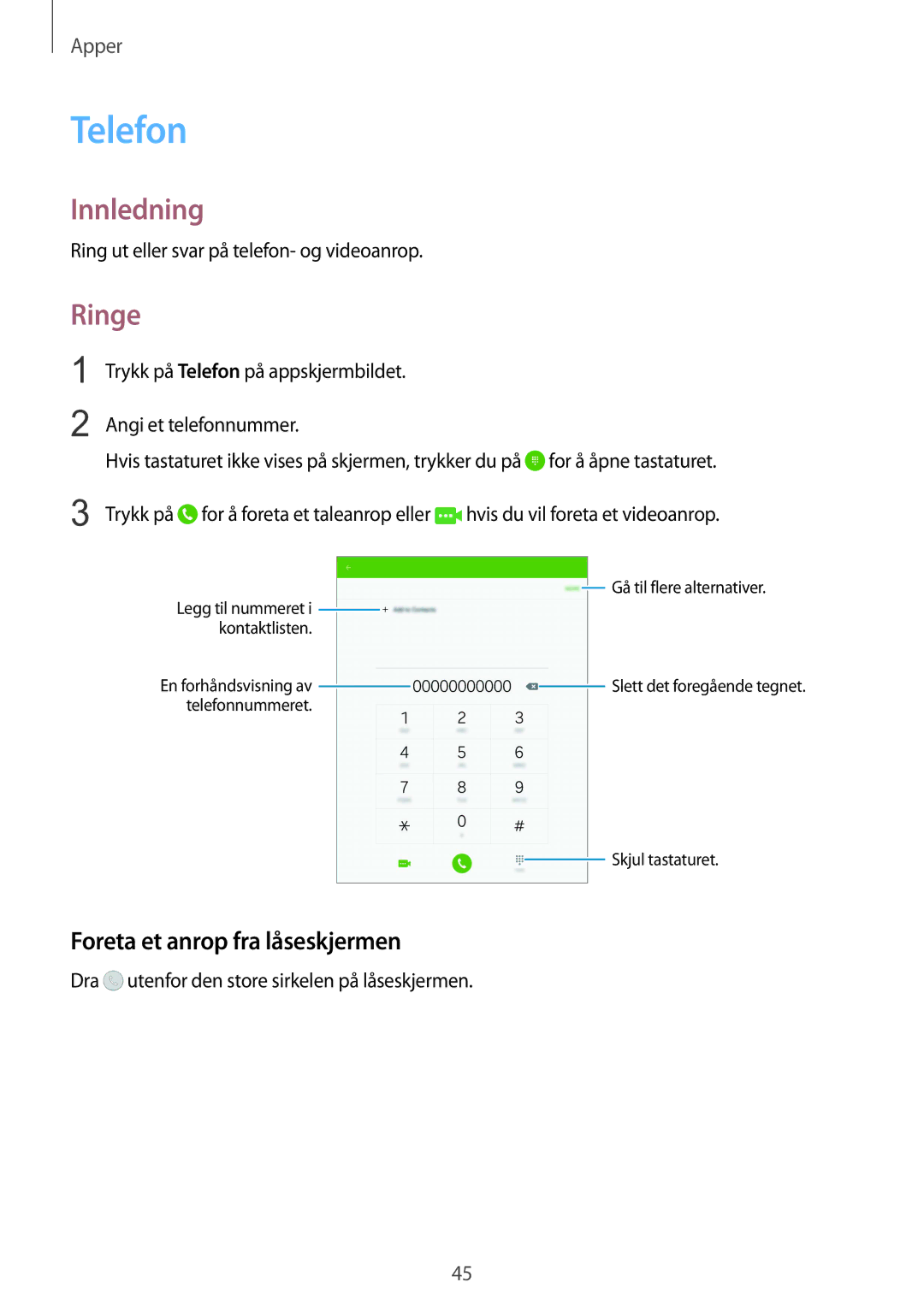 Samsung SM-T815NZWENEE manual Telefon, Ringe, Foreta et anrop fra låseskjermen 