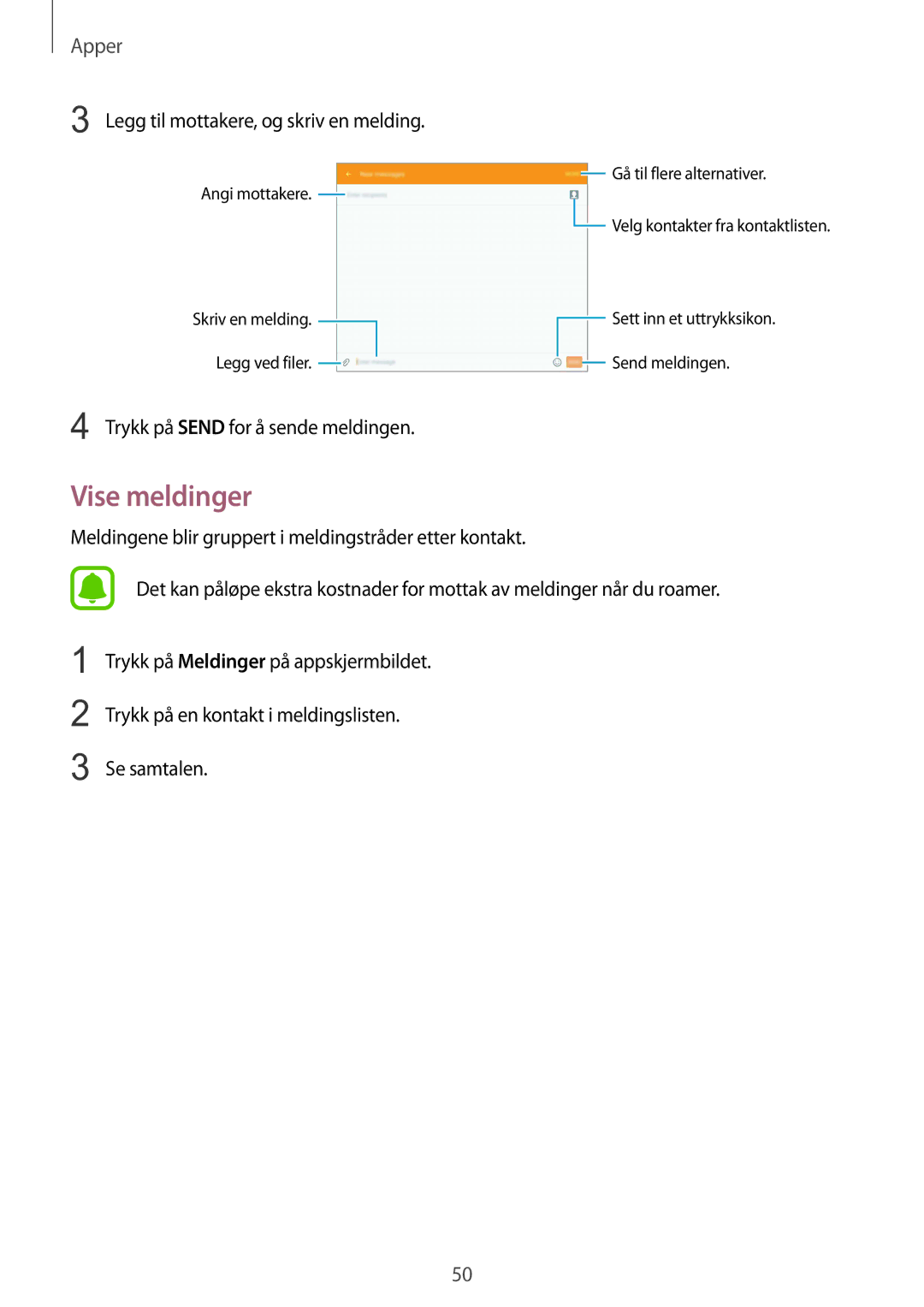 Samsung SM-T815NZWENEE manual Vise meldinger, Legg til mottakere, og skriv en melding 