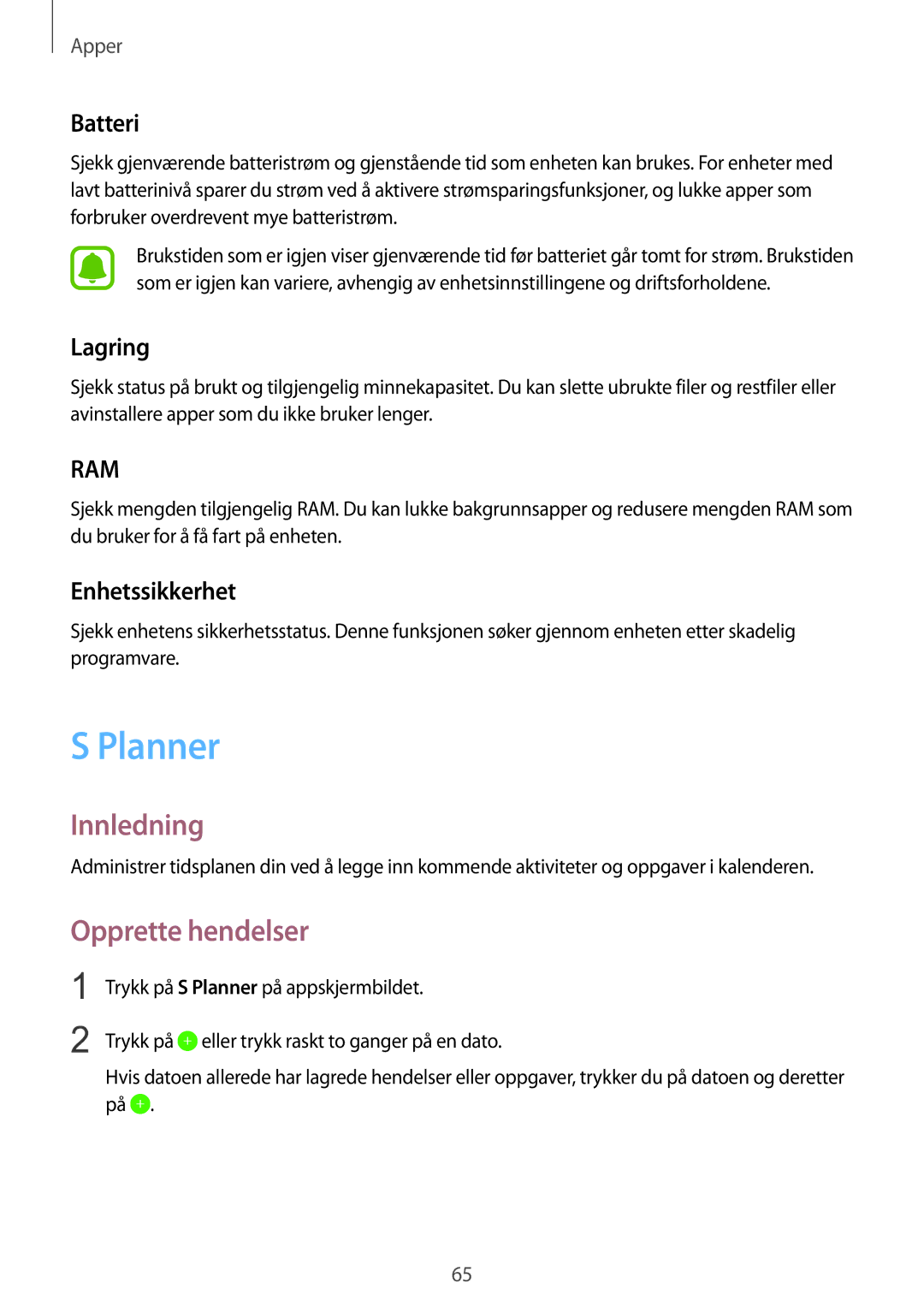 Samsung SM-T815NZWENEE manual Planner, Opprette hendelser, Batteri, Lagring, Enhetssikkerhet 