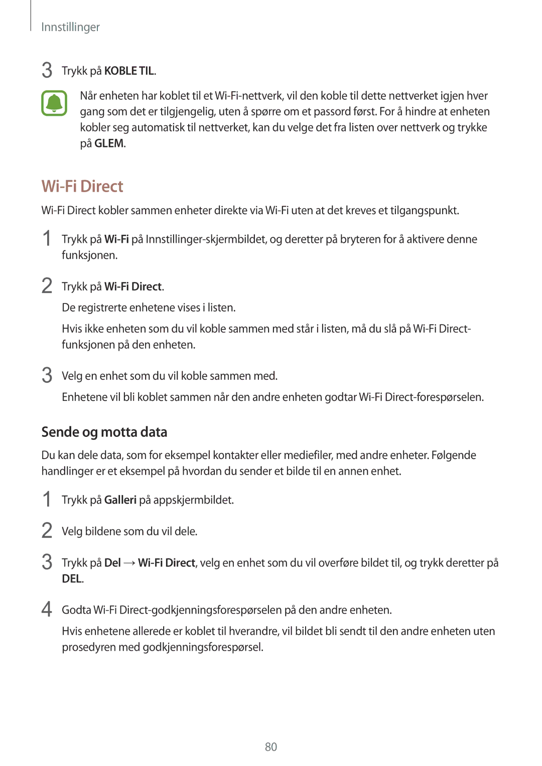 Samsung SM-T815NZWENEE manual Wi-Fi Direct, Sende og motta data 