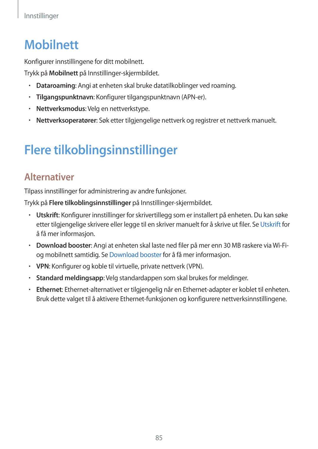 Samsung SM-T815NZWENEE manual Mobilnett, Flere tilkoblingsinnstillinger, Alternativer 