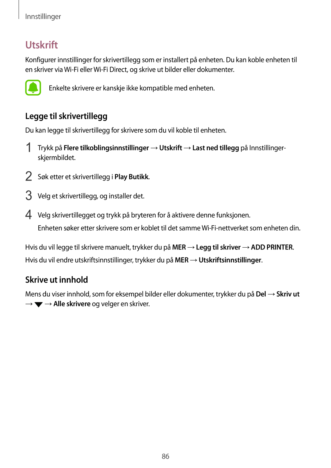 Samsung SM-T815NZWENEE manual Utskrift, Legge til skrivertillegg, Skrive ut innhold 