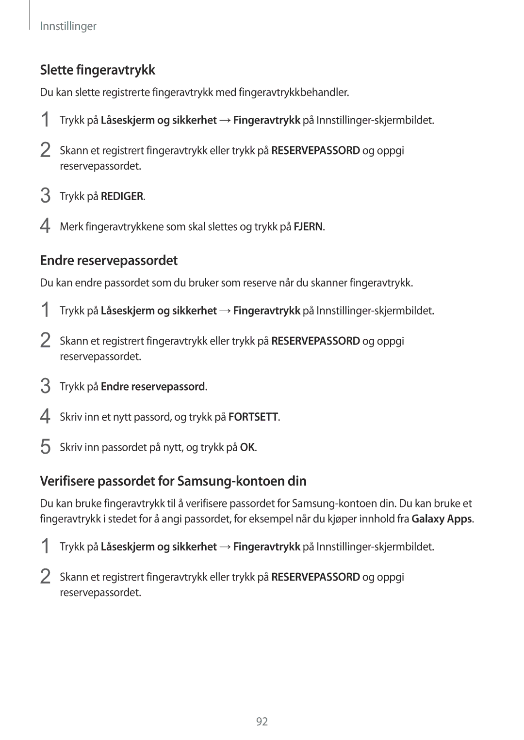 Samsung SM-T815NZWENEE manual Slette fingeravtrykk, Endre reservepassordet, Verifisere passordet for Samsung-kontoen din 