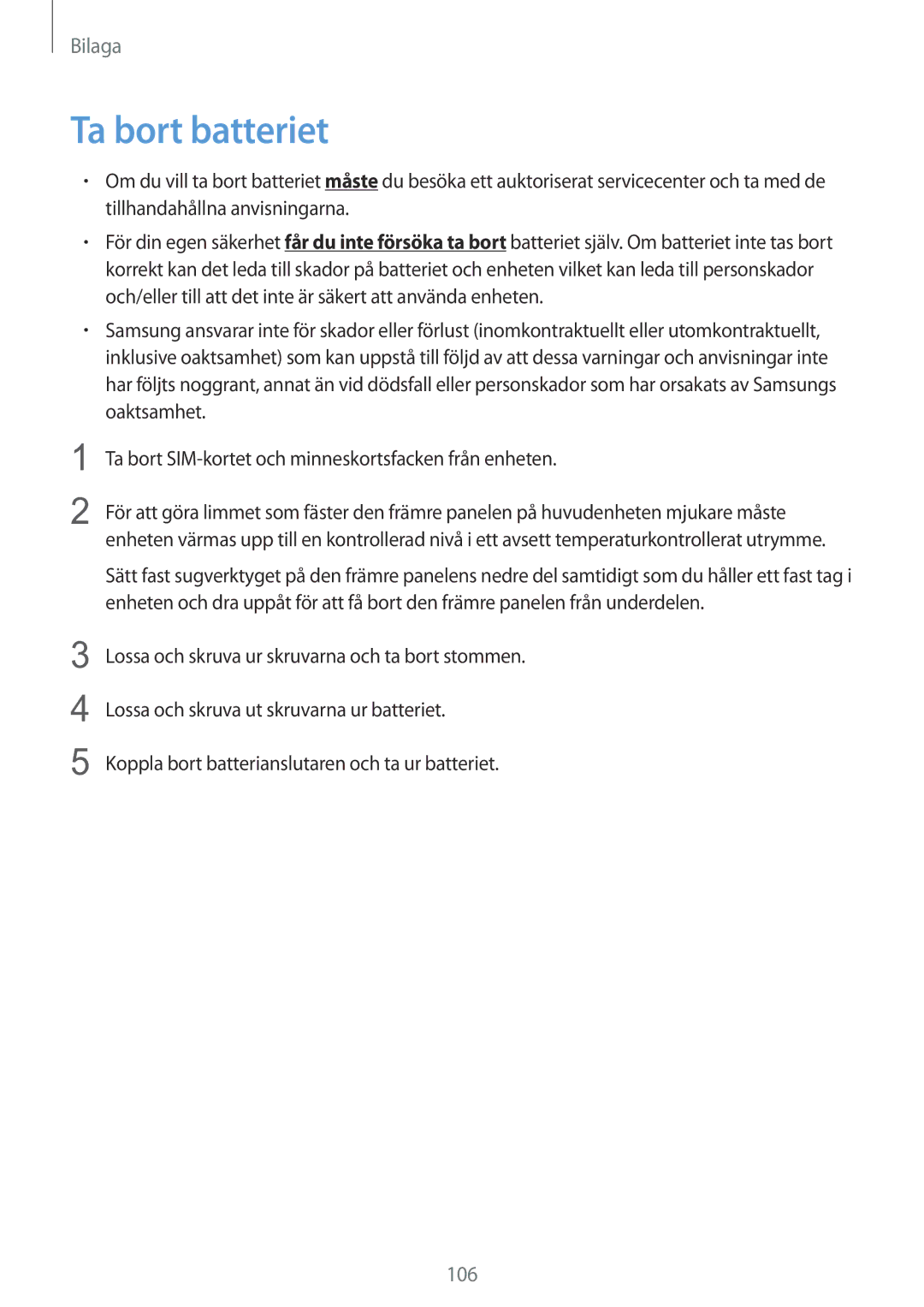 Samsung SM-T815NZWENEE manual Ta bort batteriet, 106 