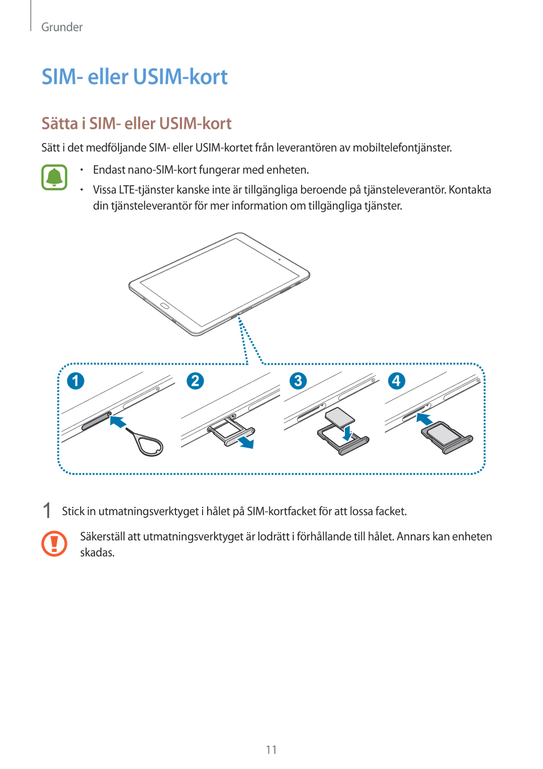 Samsung SM-T815NZWENEE manual Sätta i SIM- eller USIM-kort 