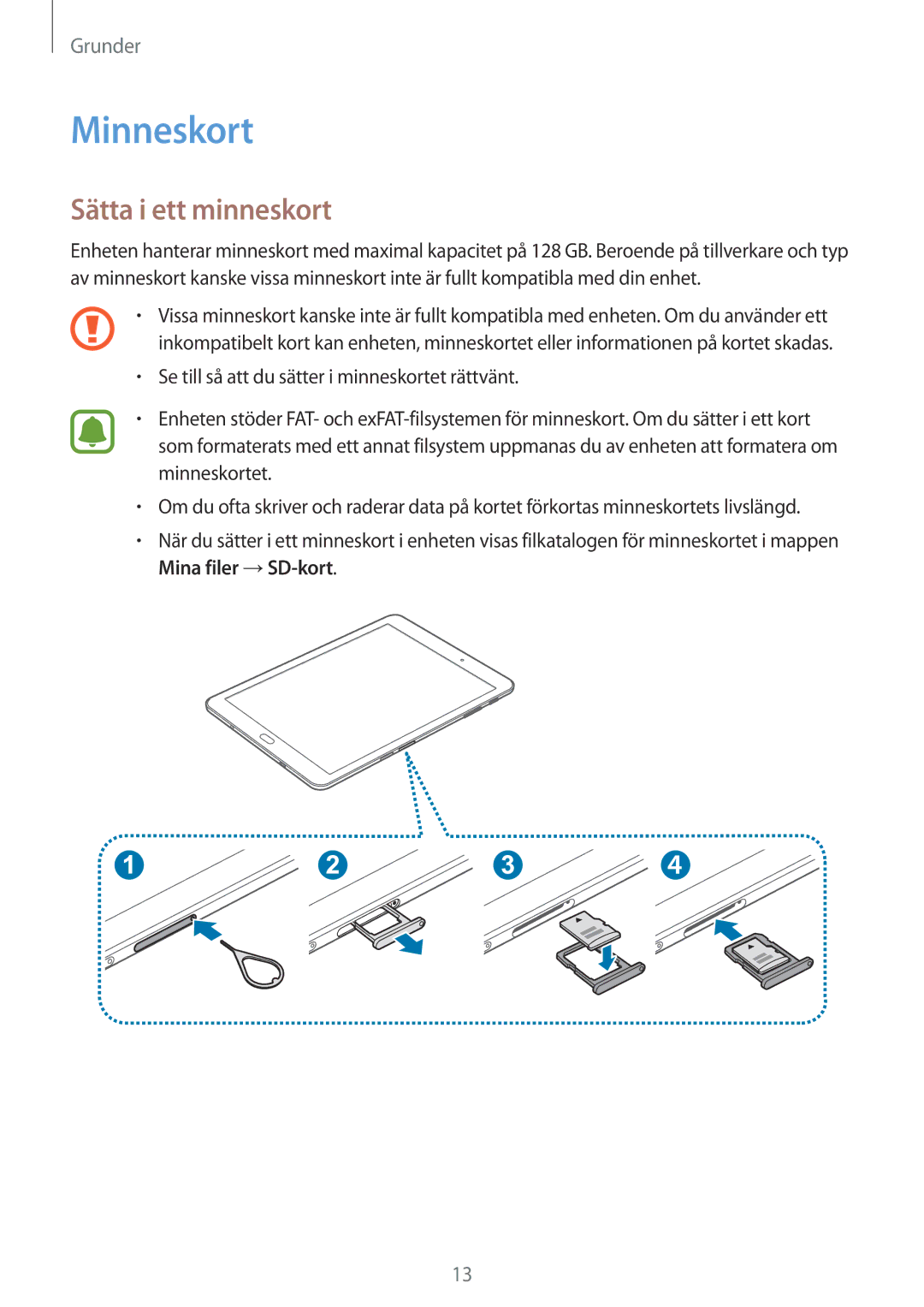 Samsung SM-T815NZWENEE manual Minneskort, Sätta i ett minneskort 