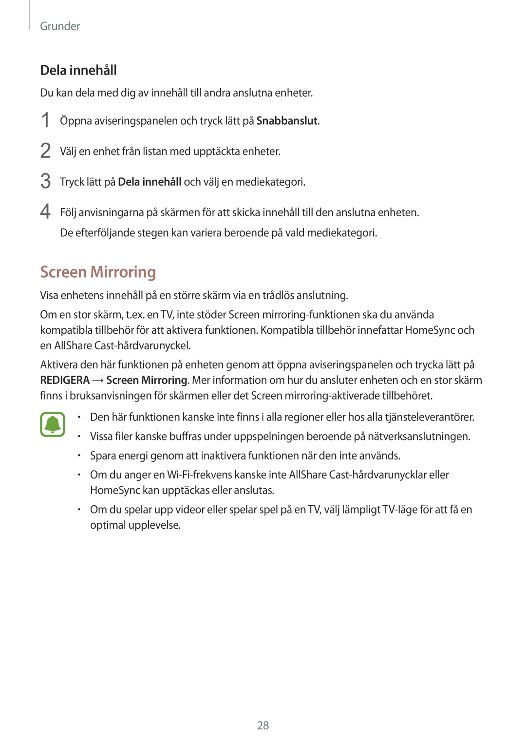 Samsung SM-T815NZWENEE manual Screen Mirroring, Dela innehåll 