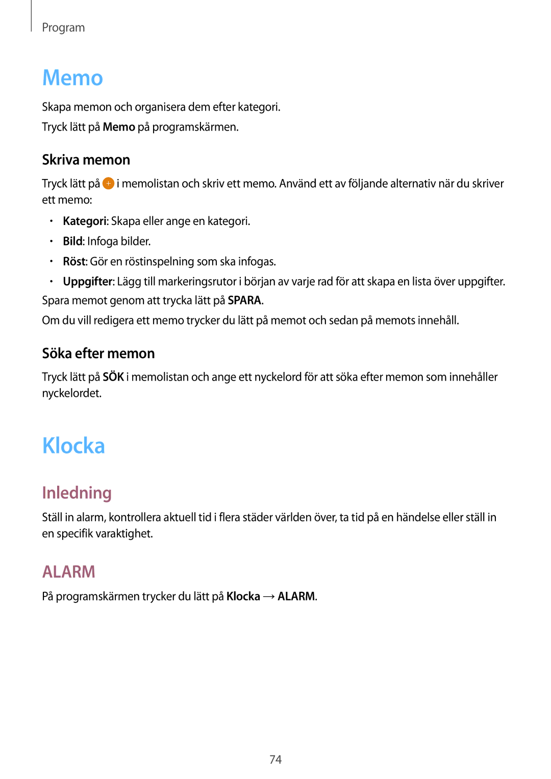 Samsung SM-T815NZWENEE manual Memo, Skriva memon, Söka efter memon, På programskärmen trycker du lätt på Klocka →ALARM 