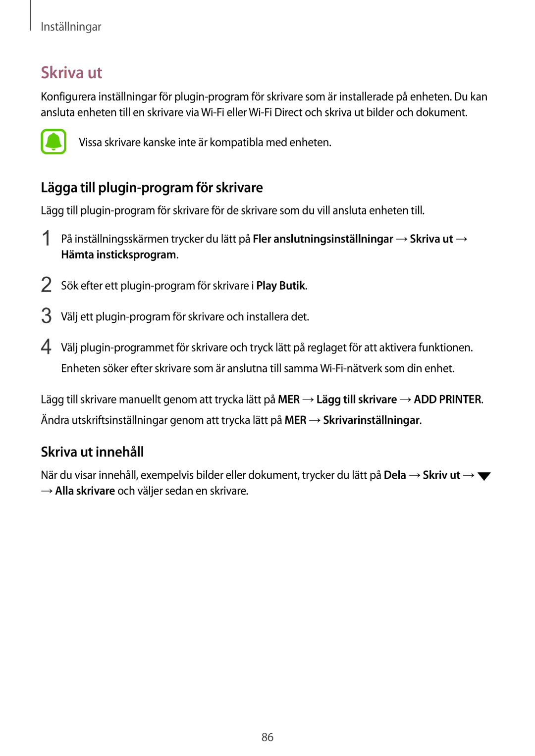 Samsung SM-T815NZWENEE manual Lägga till plugin-program för skrivare, Skriva ut innehåll 