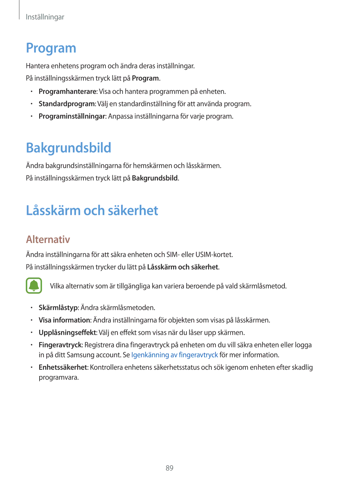 Samsung SM-T815NZWENEE manual Program, Bakgrundsbild, Låsskärm och säkerhet 