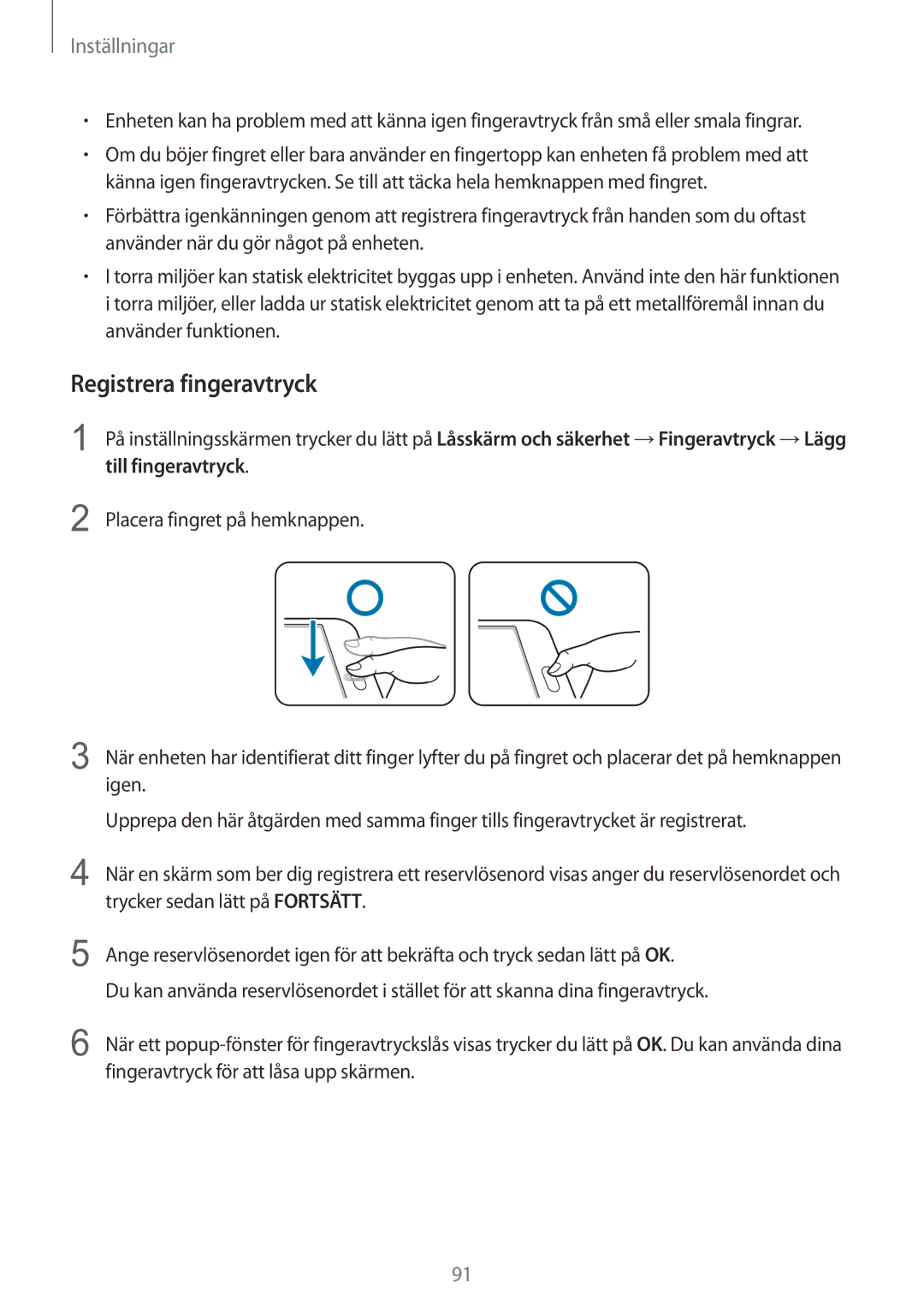 Samsung SM-T815NZWENEE manual Registrera fingeravtryck 