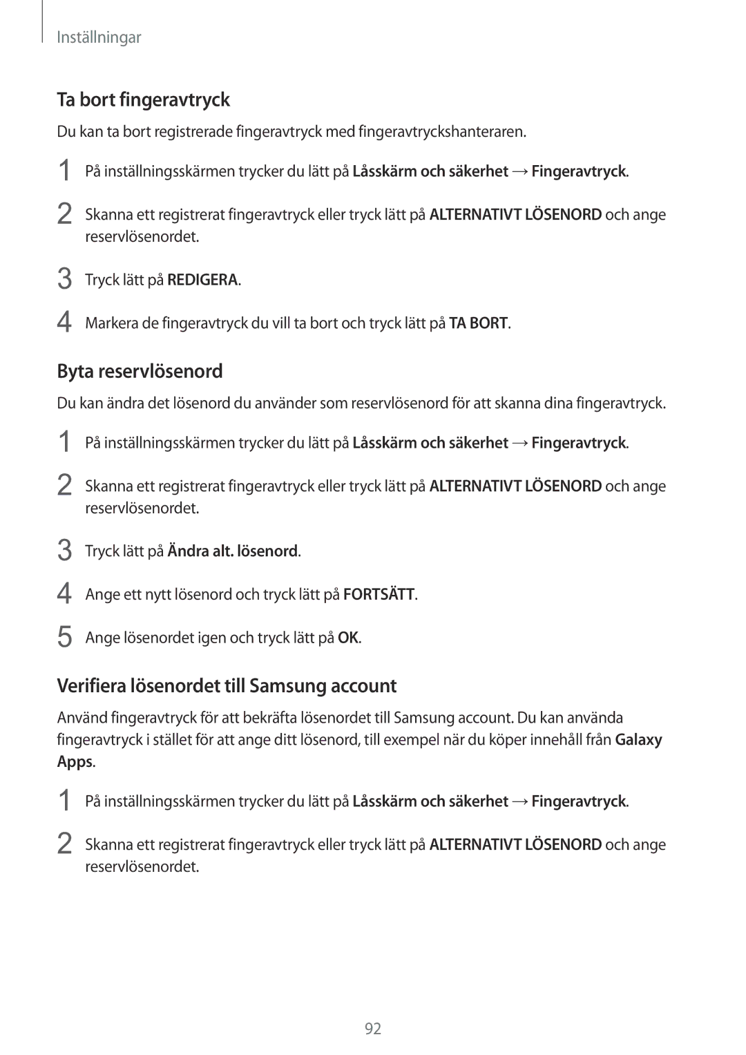 Samsung SM-T815NZWENEE manual Ta bort fingeravtryck, Byta reservlösenord, Verifiera lösenordet till Samsung account 