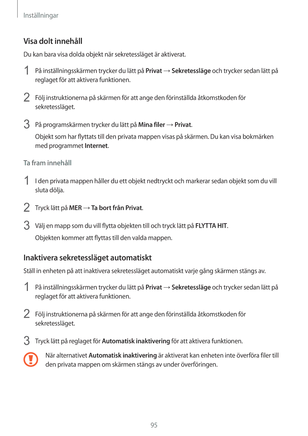 Samsung SM-T815NZWENEE manual Visa dolt innehåll, Inaktivera sekretessläget automatiskt 
