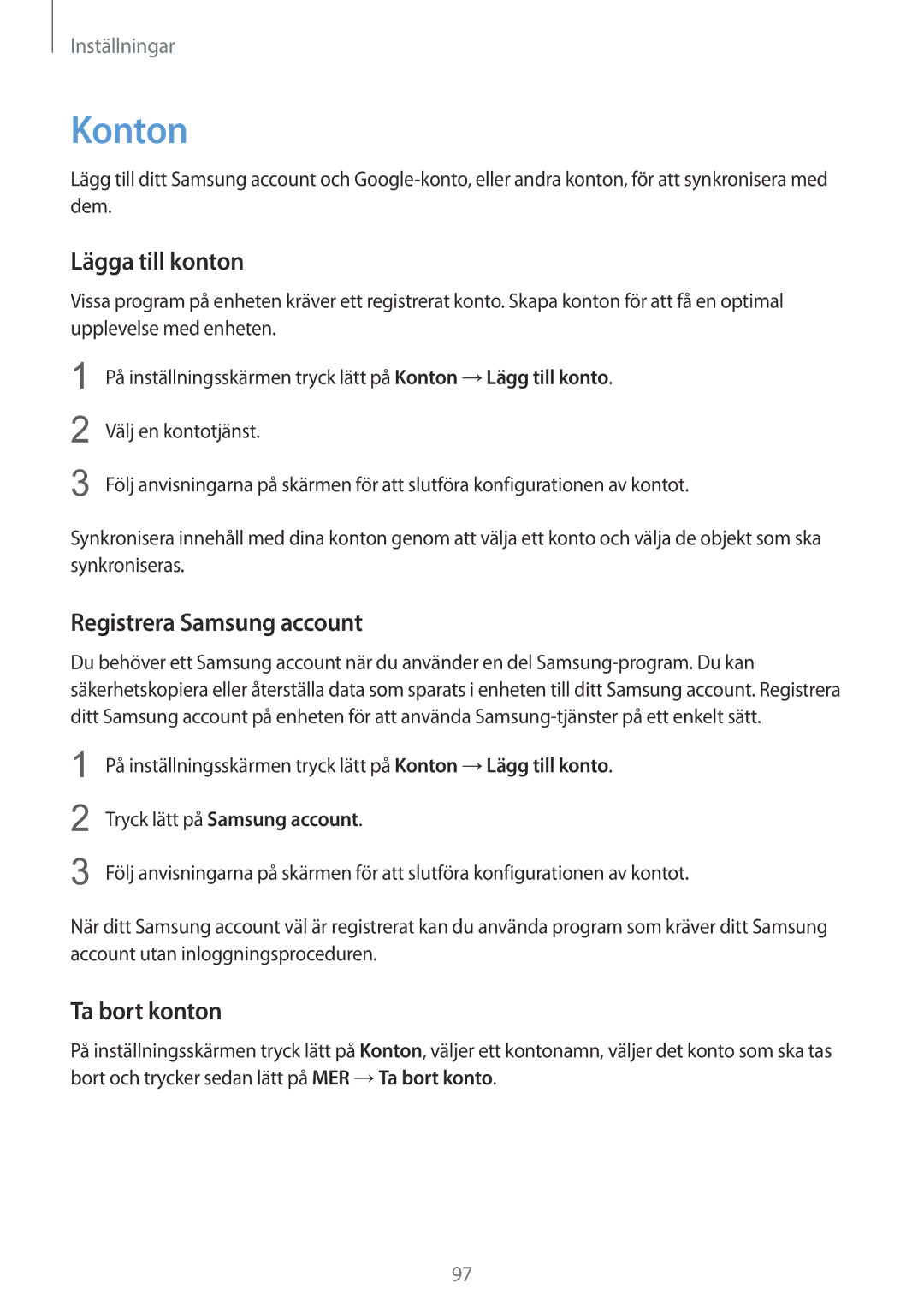 Samsung SM-T815NZWENEE manual Konton, Lägga till konton, Registrera Samsung account, Ta bort konton 