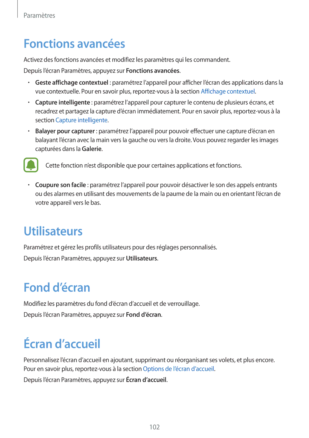 Samsung SM-T815NZWEXEF, SM-T715NZWEXEF manual Fonctions avancées, Utilisateurs, Fond d’écran 