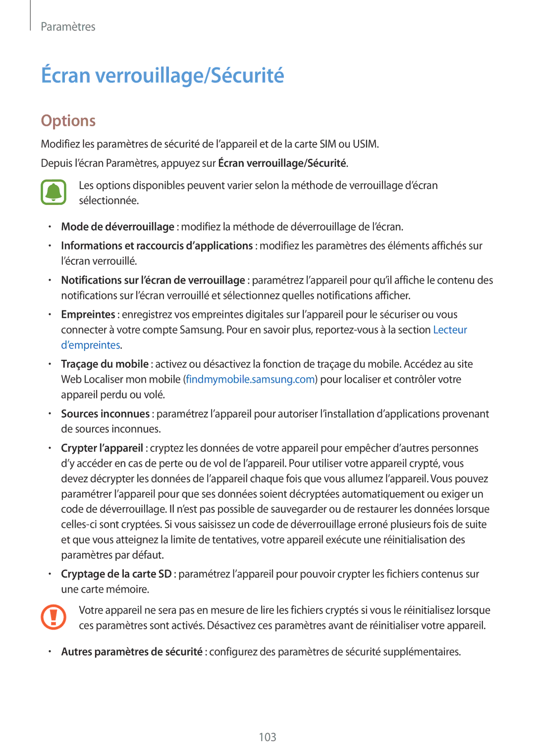 Samsung SM-T715NZWEXEF, SM-T815NZWEXEF manual Écran verrouillage/Sécurité, Options 