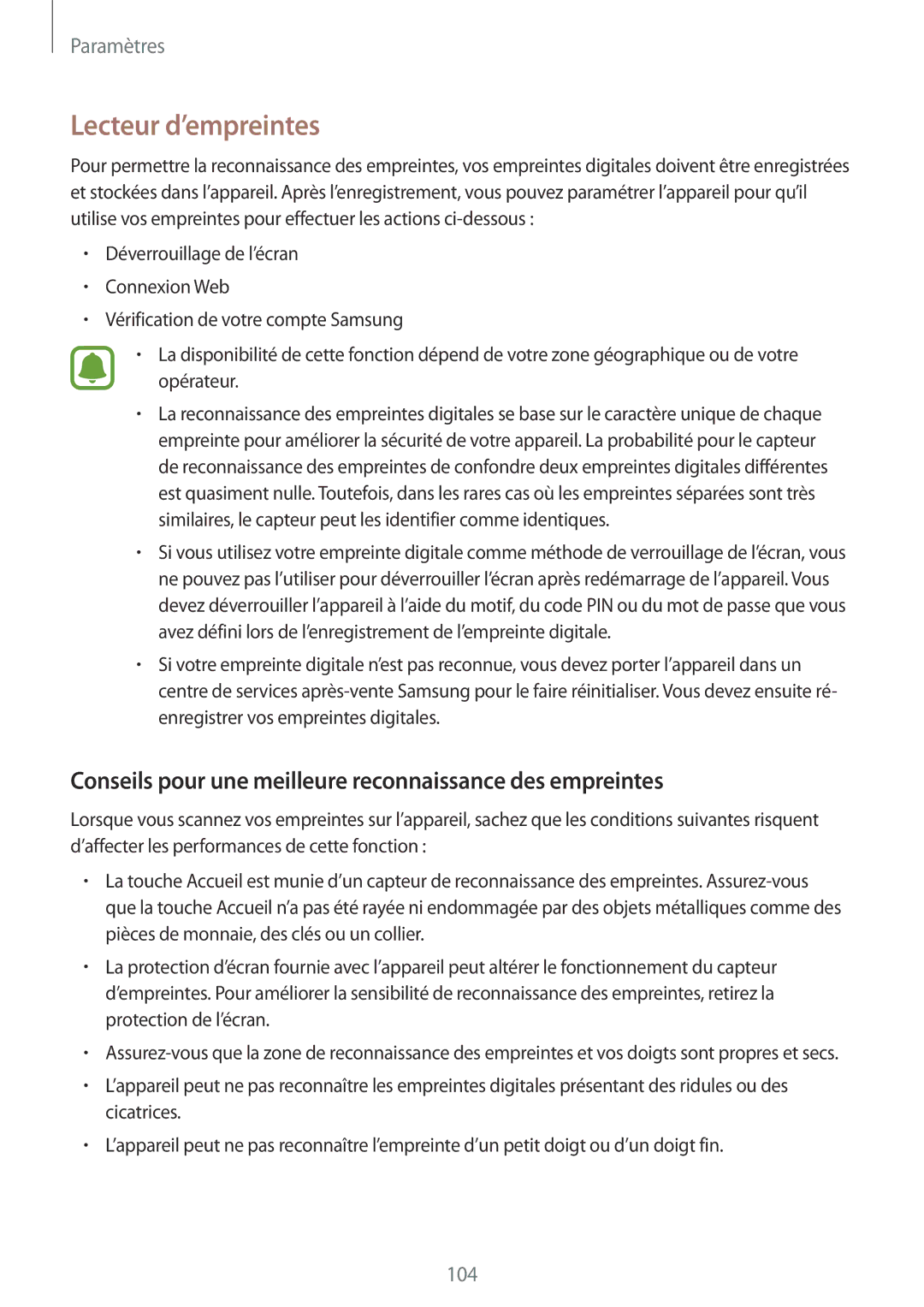Samsung SM-T815NZWEXEF, SM-T715NZWEXEF Lecteur d’empreintes, Conseils pour une meilleure reconnaissance des empreintes 