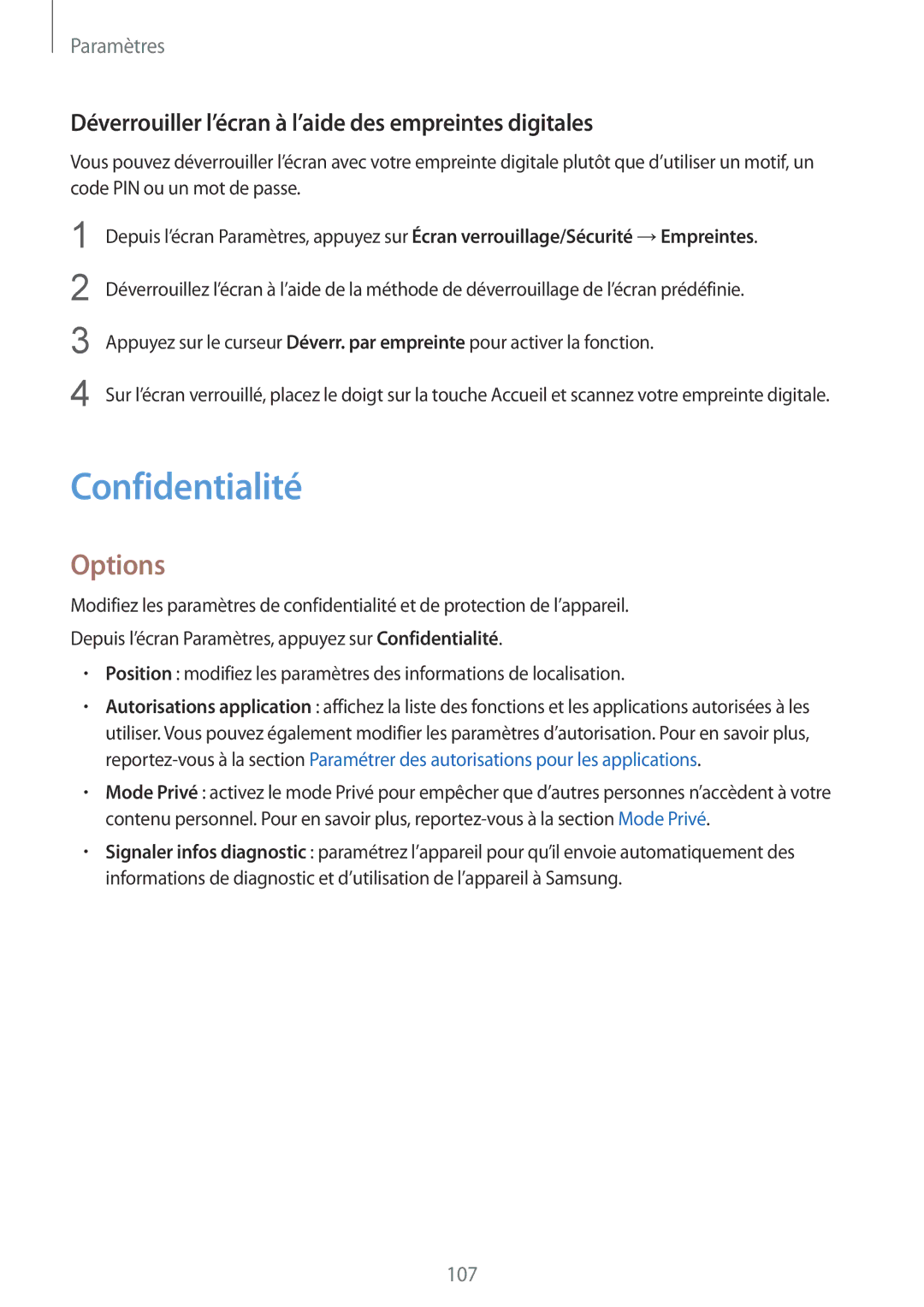 Samsung SM-T715NZWEXEF, SM-T815NZWEXEF manual Confidentialité, Déverrouiller l’écran à l’aide des empreintes digitales 