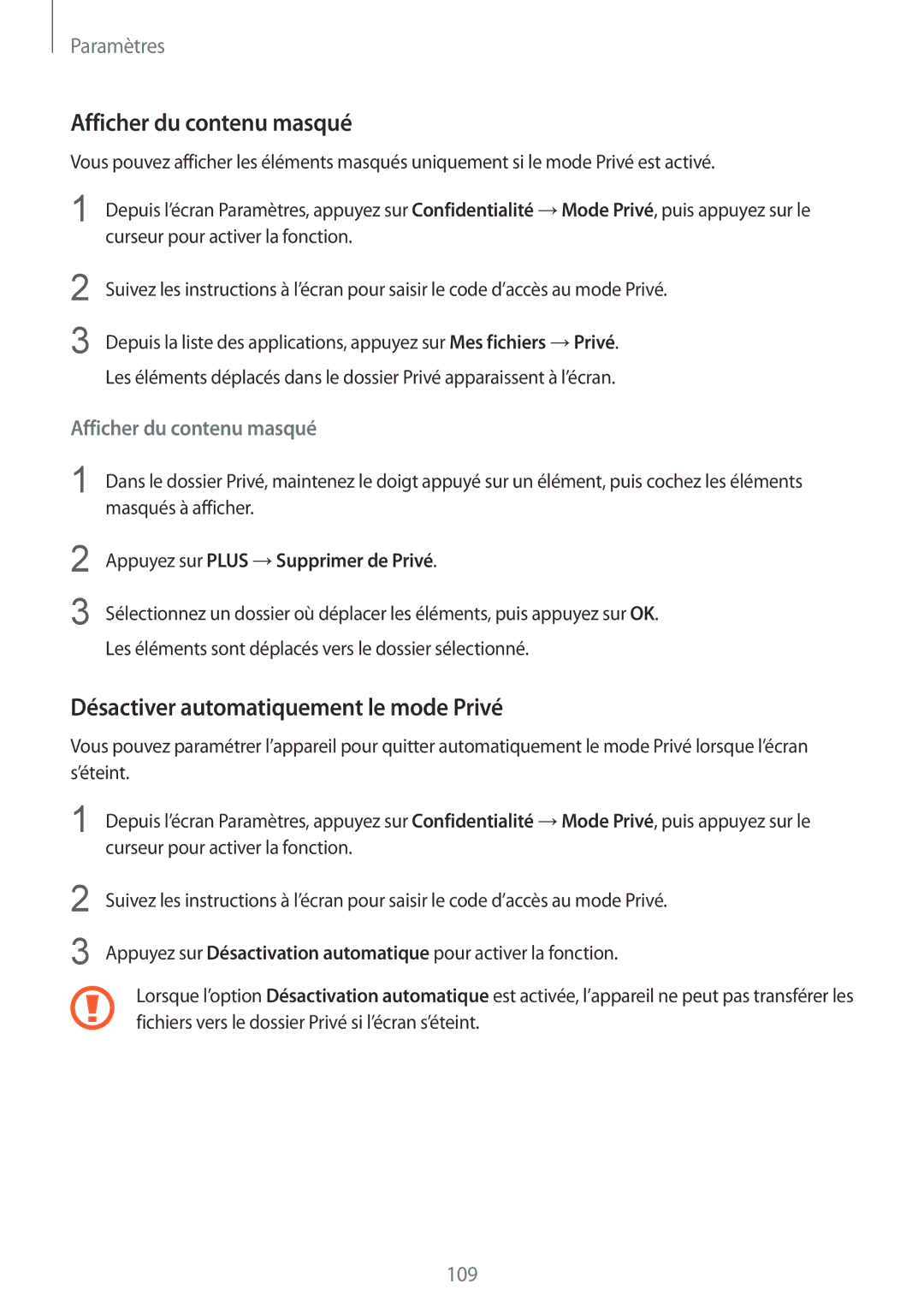 Samsung SM-T715NZWEXEF, SM-T815NZWEXEF manual Afficher du contenu masqué, Désactiver automatiquement le mode Privé 
