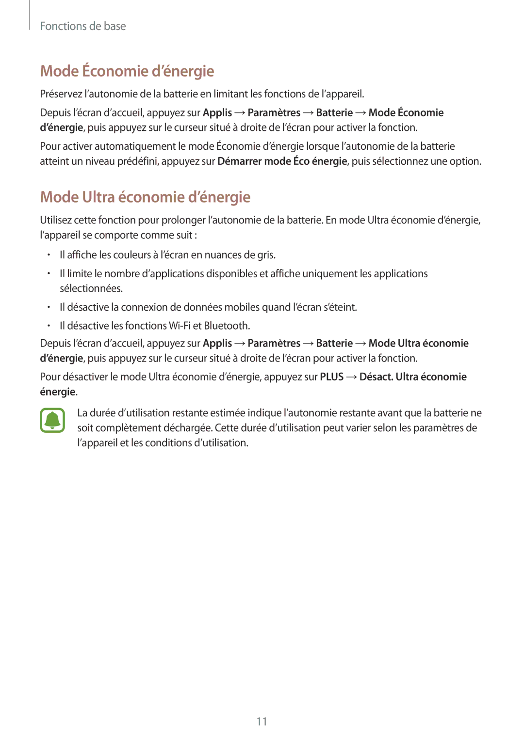 Samsung SM-T715NZWEXEF, SM-T815NZWEXEF manual Mode Économie d’énergie, Mode Ultra économie d’énergie 