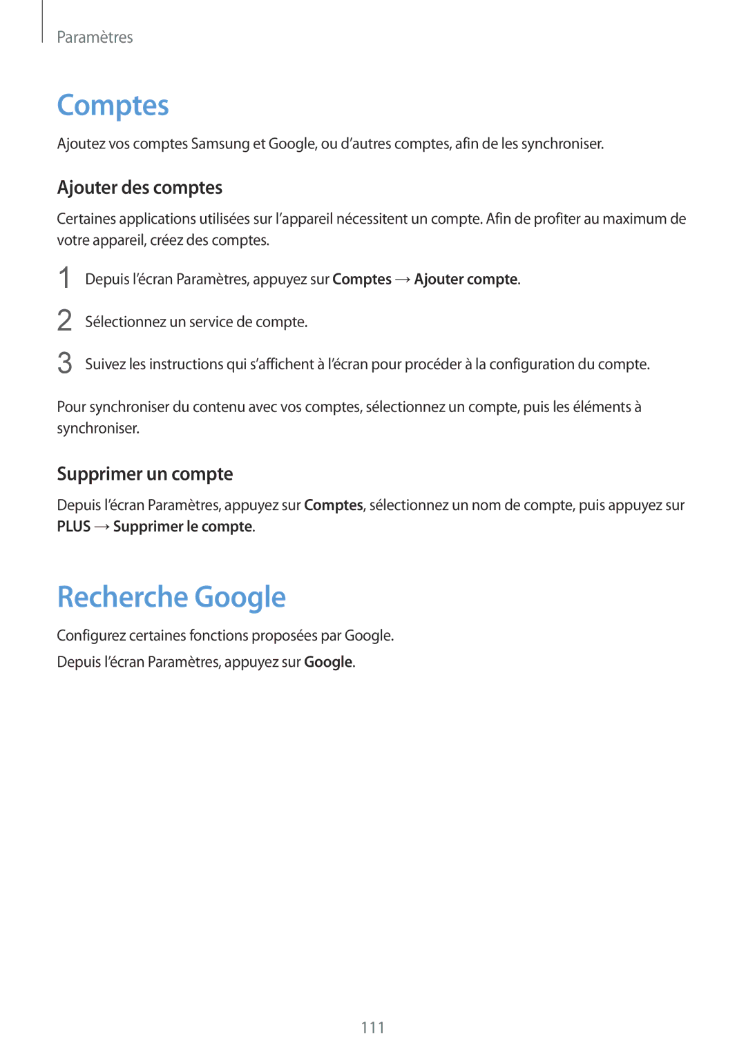 Samsung SM-T715NZWEXEF, SM-T815NZWEXEF manual Comptes, Recherche Google, Ajouter des comptes, Supprimer un compte 