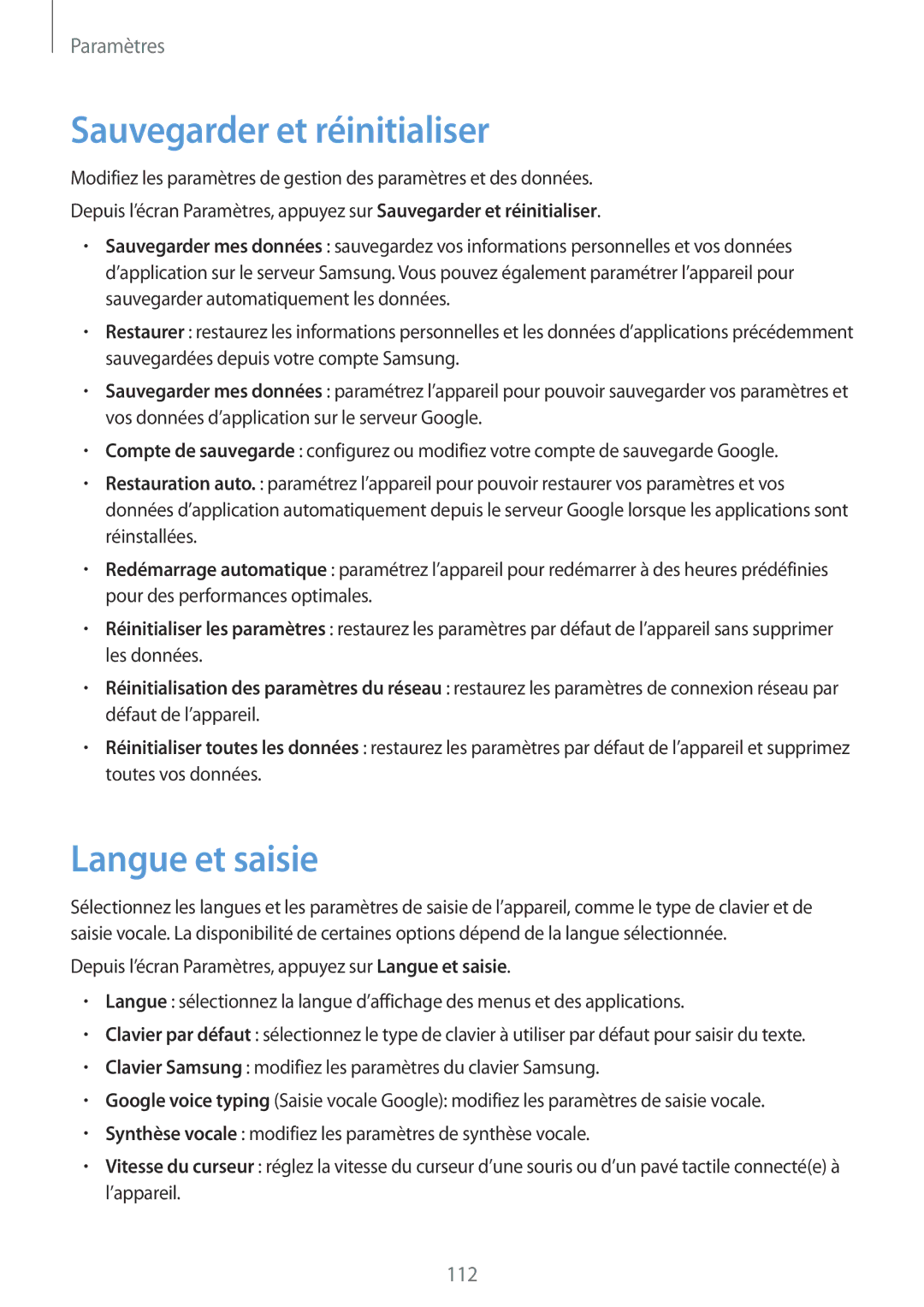 Samsung SM-T815NZWEXEF, SM-T715NZWEXEF manual Sauvegarder et réinitialiser, Langue et saisie 