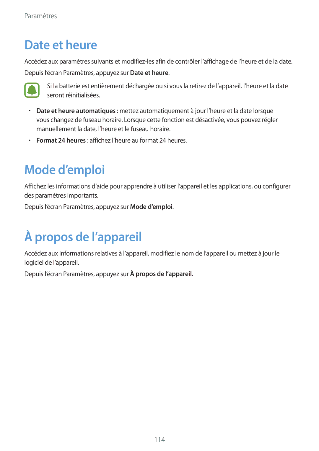 Samsung SM-T815NZWEXEF, SM-T715NZWEXEF manual Date et heure, Mode d’emploi, Propos de l’appareil 