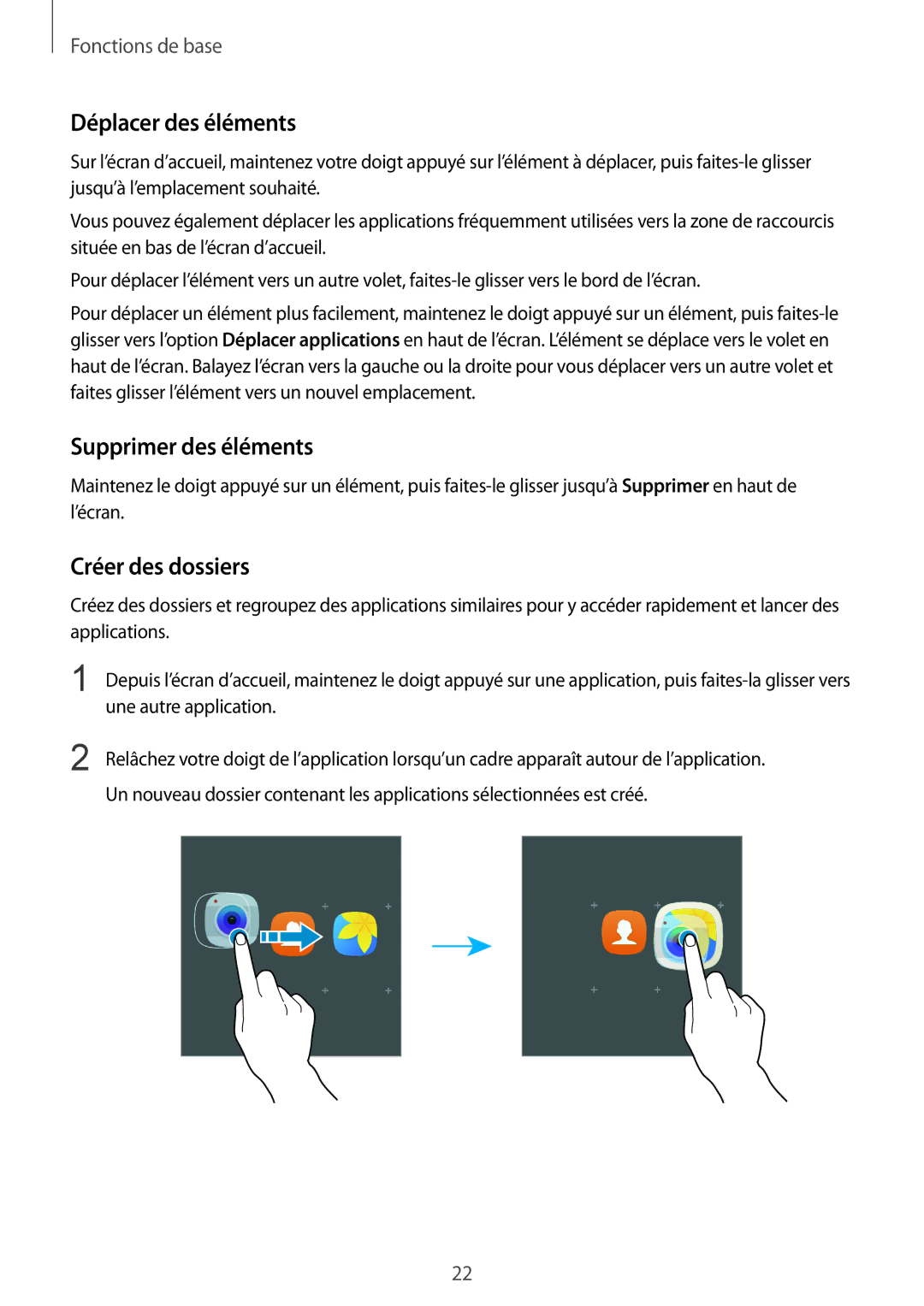 Samsung SM-T815NZWEXEF, SM-T715NZWEXEF manual Déplacer des éléments, Supprimer des éléments, Créer des dossiers 