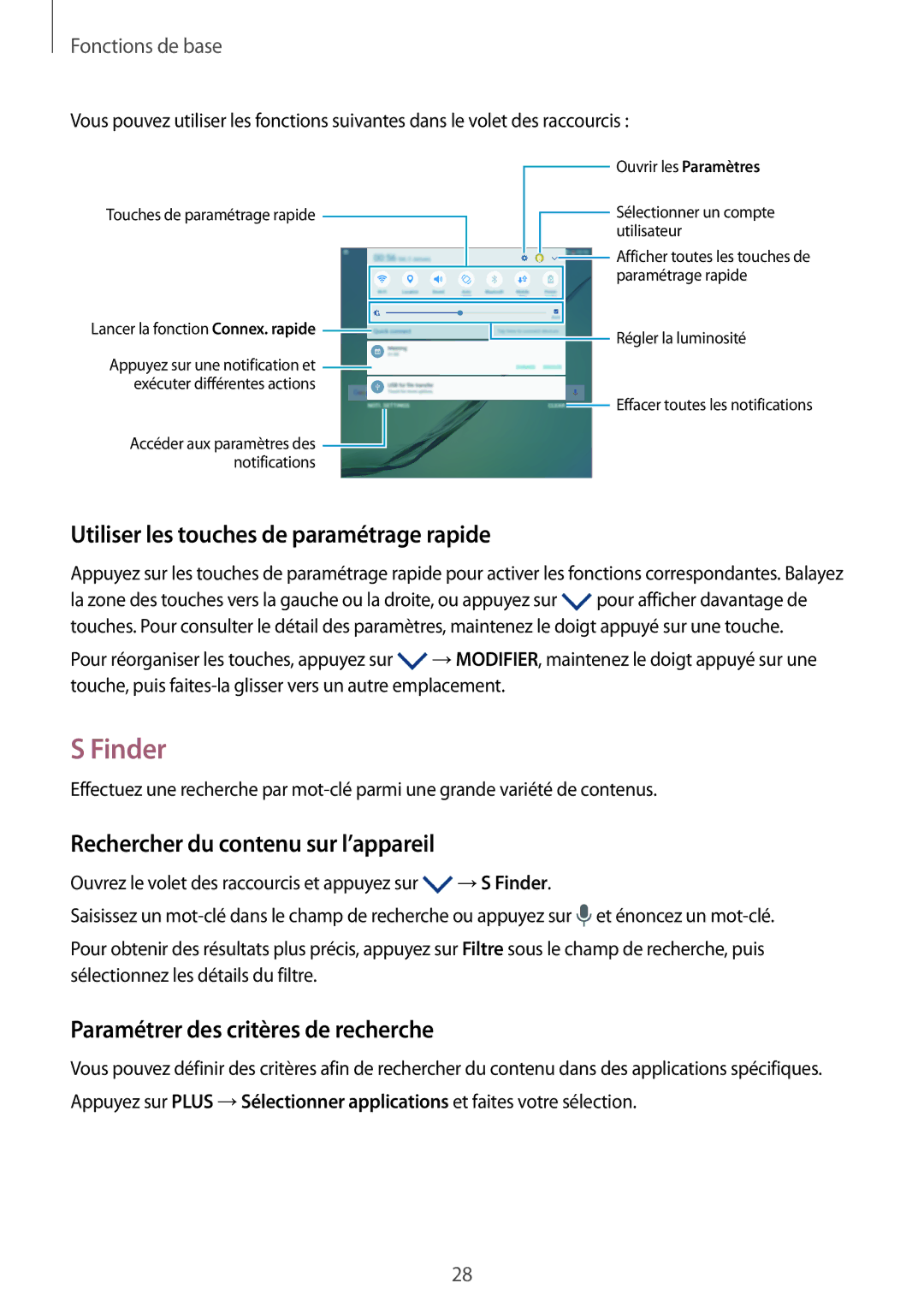 Samsung SM-T815NZWEXEF manual Finder, Utiliser les touches de paramétrage rapide, Rechercher du contenu sur l’appareil 