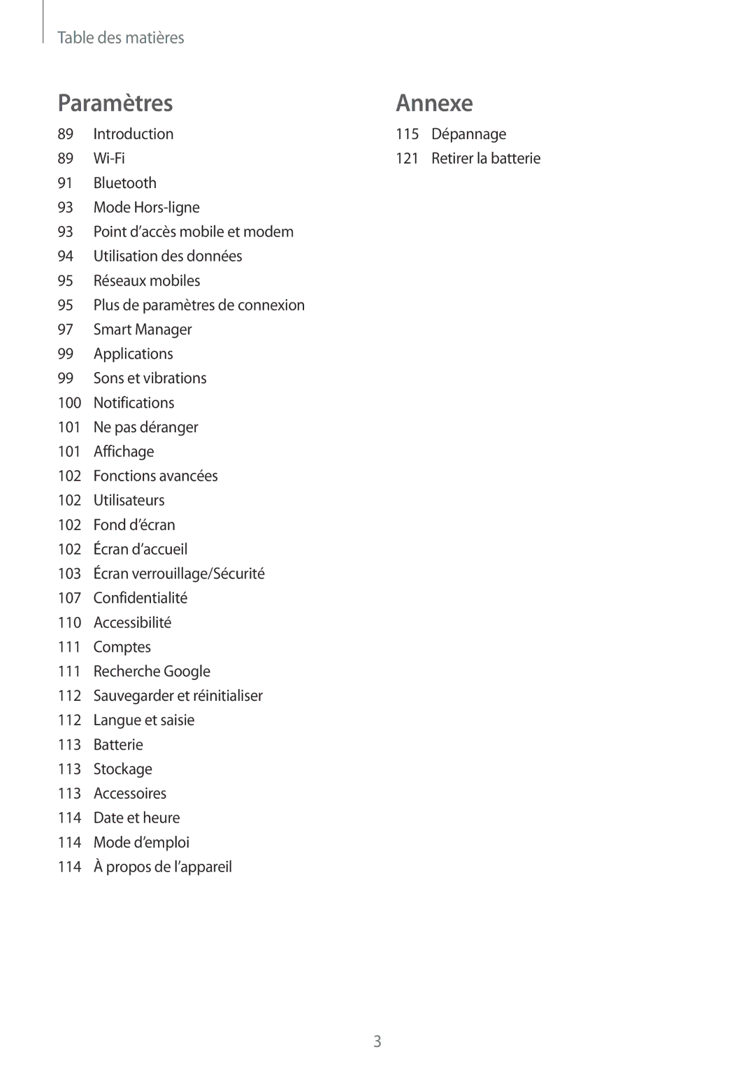 Samsung SM-T715NZWEXEF, SM-T815NZWEXEF manual ParamètresAnnexe 