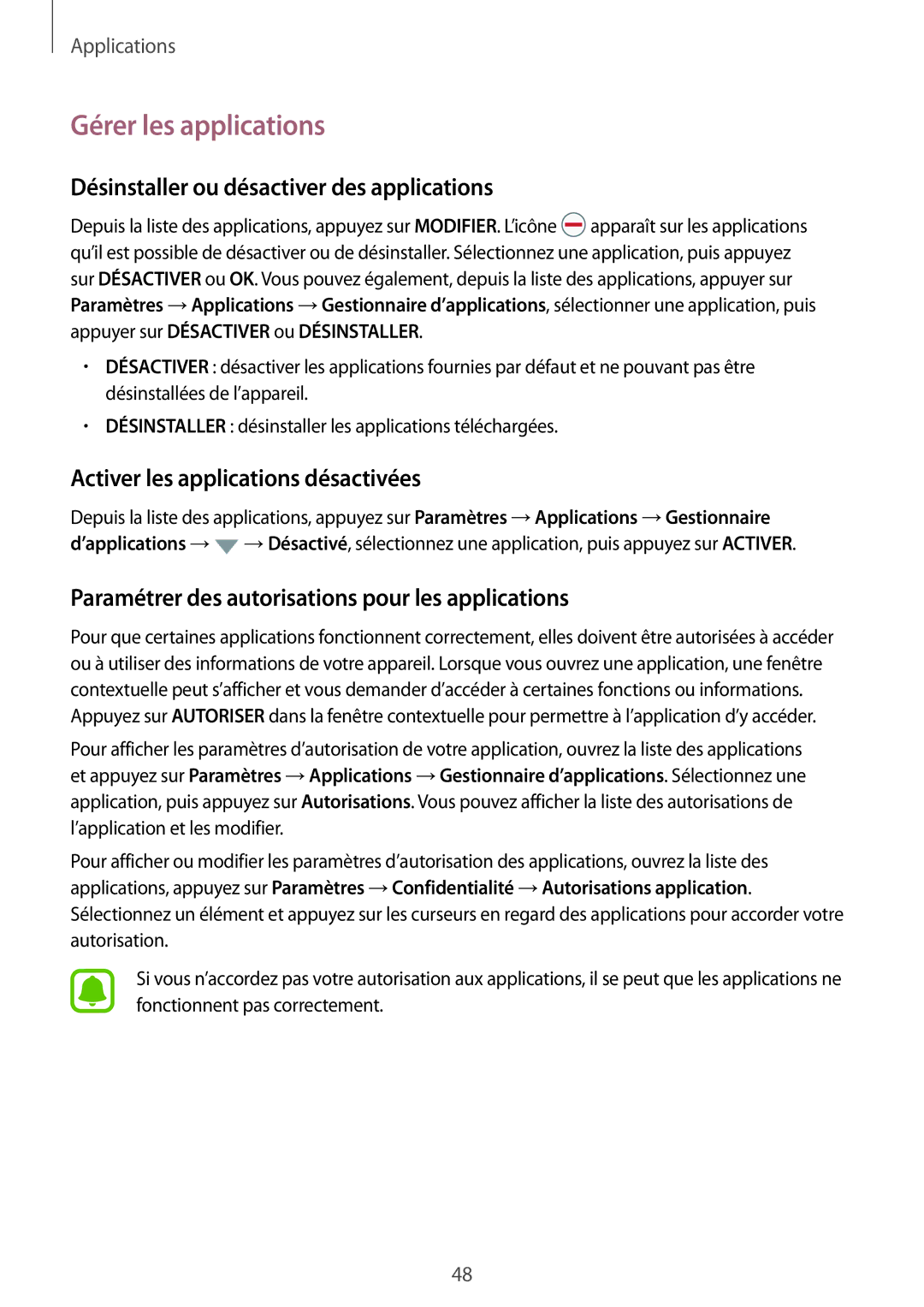 Samsung SM-T815NZWEXEF, SM-T715NZWEXEF manual Gérer les applications, Désinstaller ou désactiver des applications 