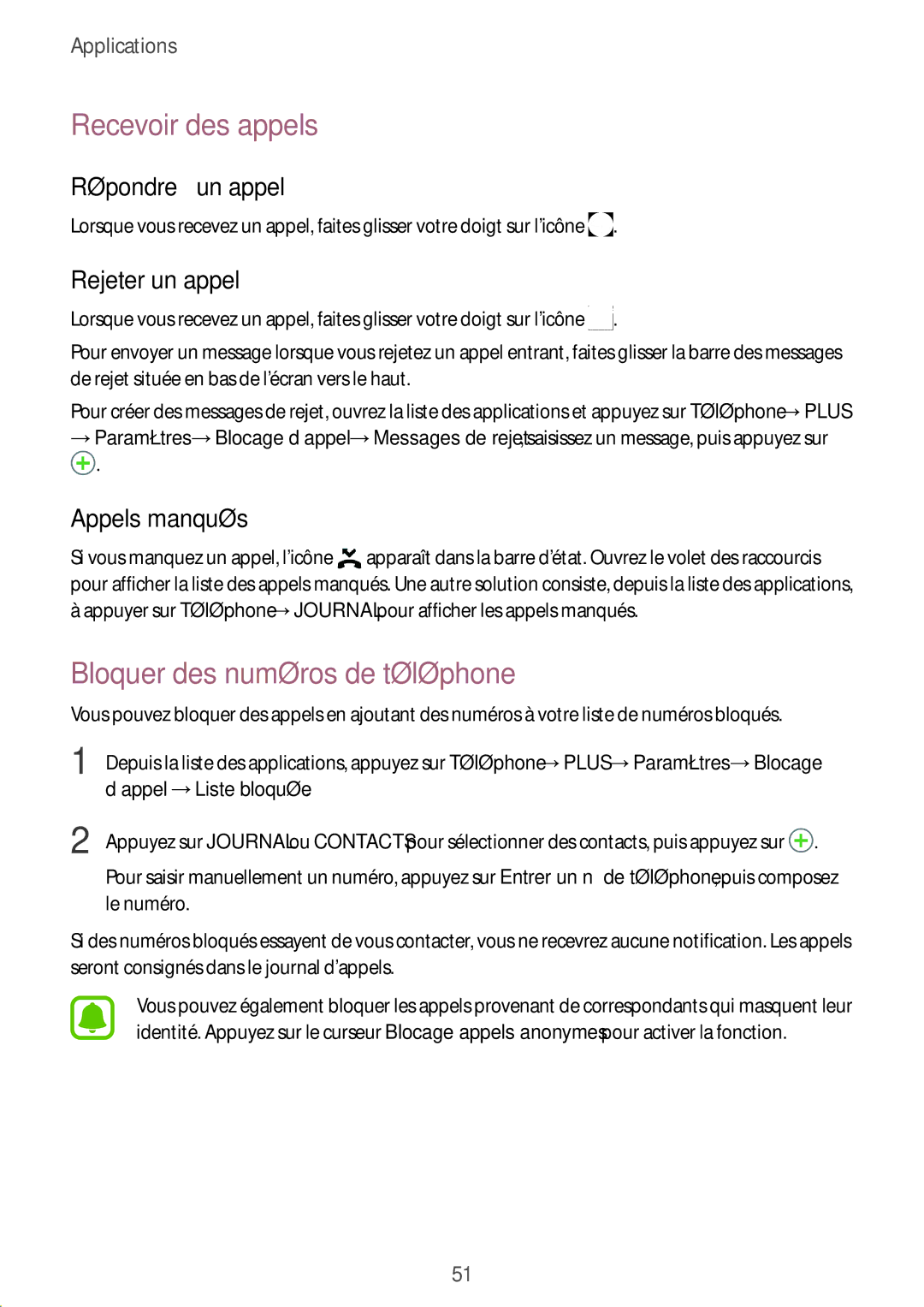 Samsung SM-T715NZWEXEF manual Recevoir des appels, Bloquer des numéros de téléphone, Répondre à un appel, Rejeter un appel 