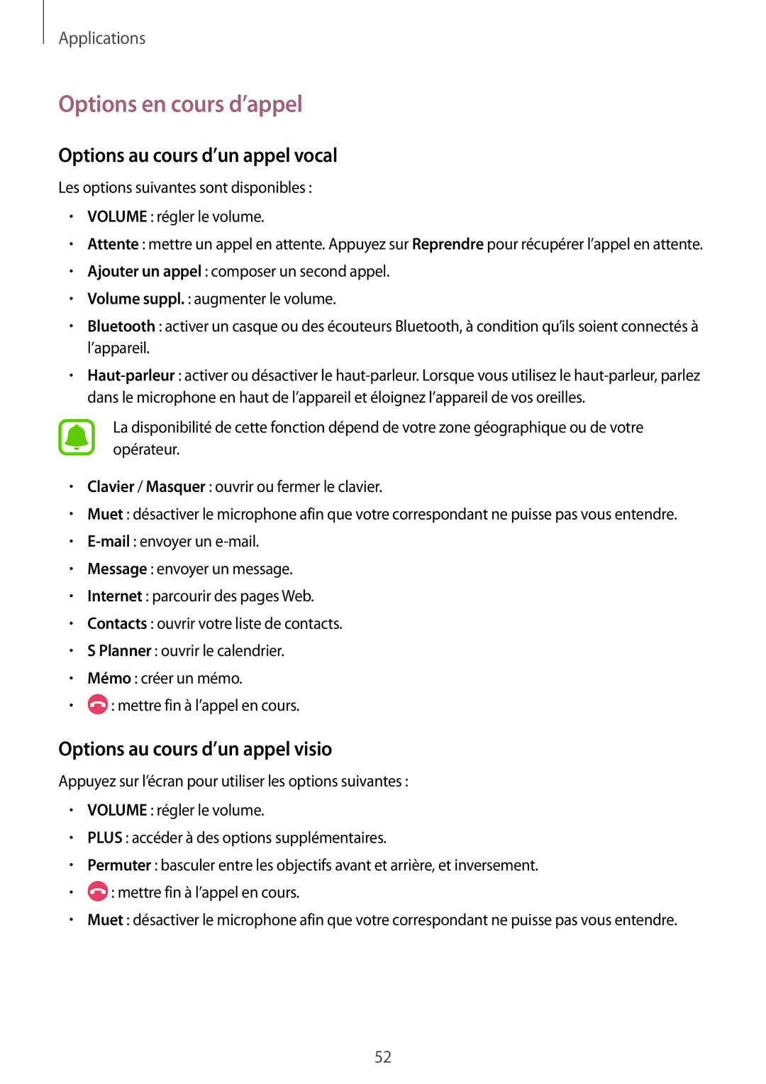 Samsung SM-T815NZWEXEF Options en cours d’appel, Options au cours d’un appel vocal, Options au cours d’un appel visio 