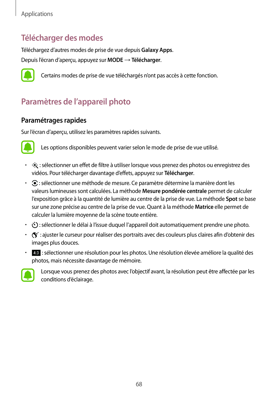 Samsung SM-T815NZWEXEF, SM-T715NZWEXEF manual Télécharger des modes, Paramètres de l’appareil photo, Paramétrages rapides 