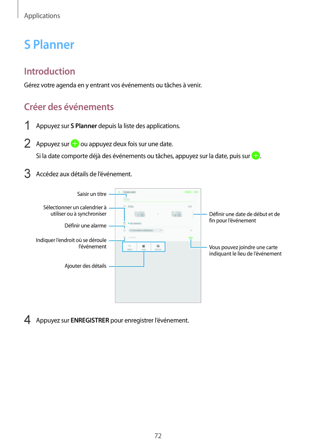 Samsung SM-T815NZWEXEF, SM-T715NZWEXEF manual Planner, Créer des événements 