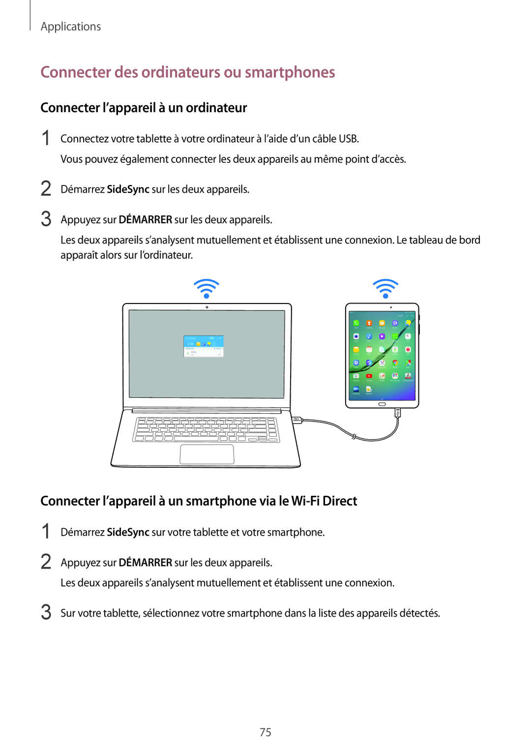 Samsung SM-T715NZWEXEF, SM-T815NZWEXEF manual Connecter des ordinateurs ou smartphones, Connecter l’appareil à un ordinateur 