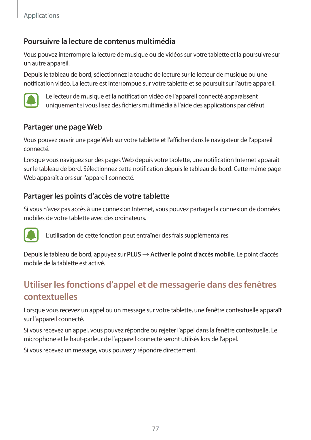 Samsung SM-T715NZWEXEF, SM-T815NZWEXEF manual Poursuivre la lecture de contenus multimédia, Partager une page Web 