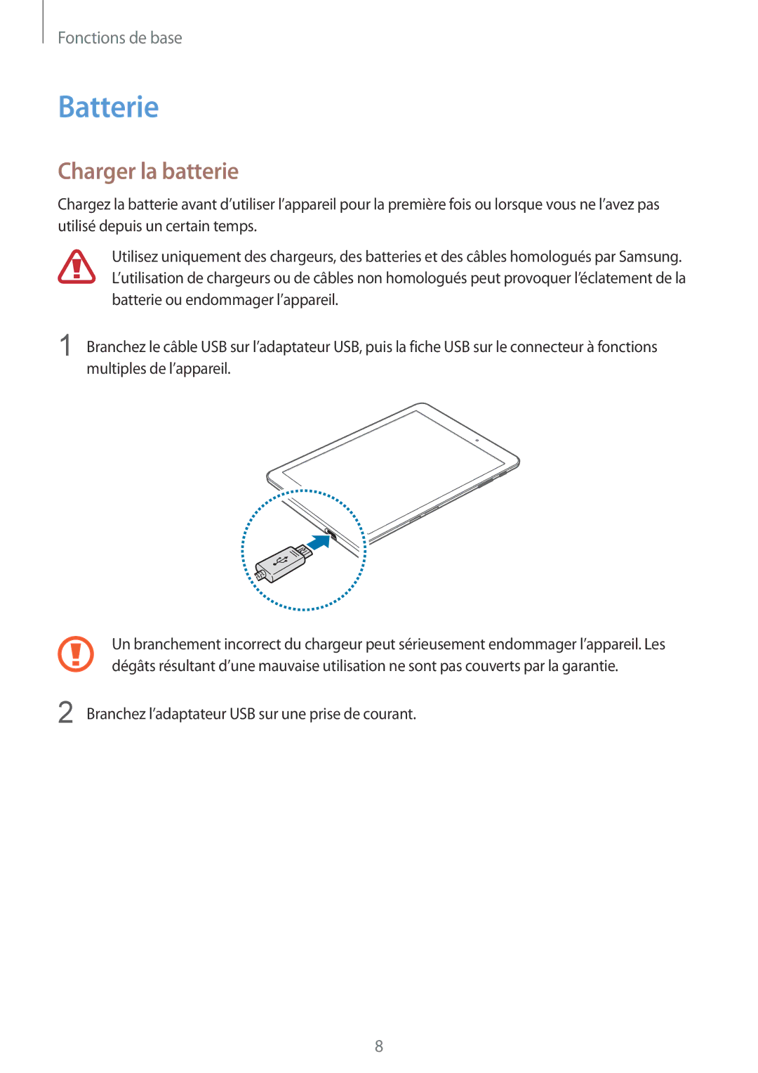 Samsung SM-T815NZWEXEF, SM-T715NZWEXEF manual Batterie, Charger la batterie 