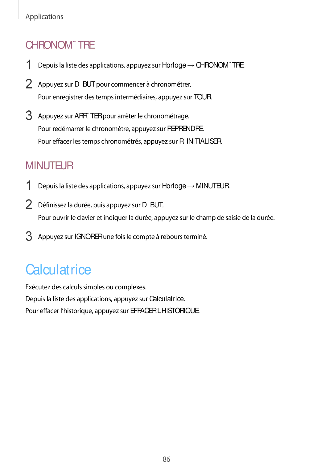 Samsung SM-T815NZWEXEF, SM-T715NZWEXEF manual Calculatrice, Chronomètre 