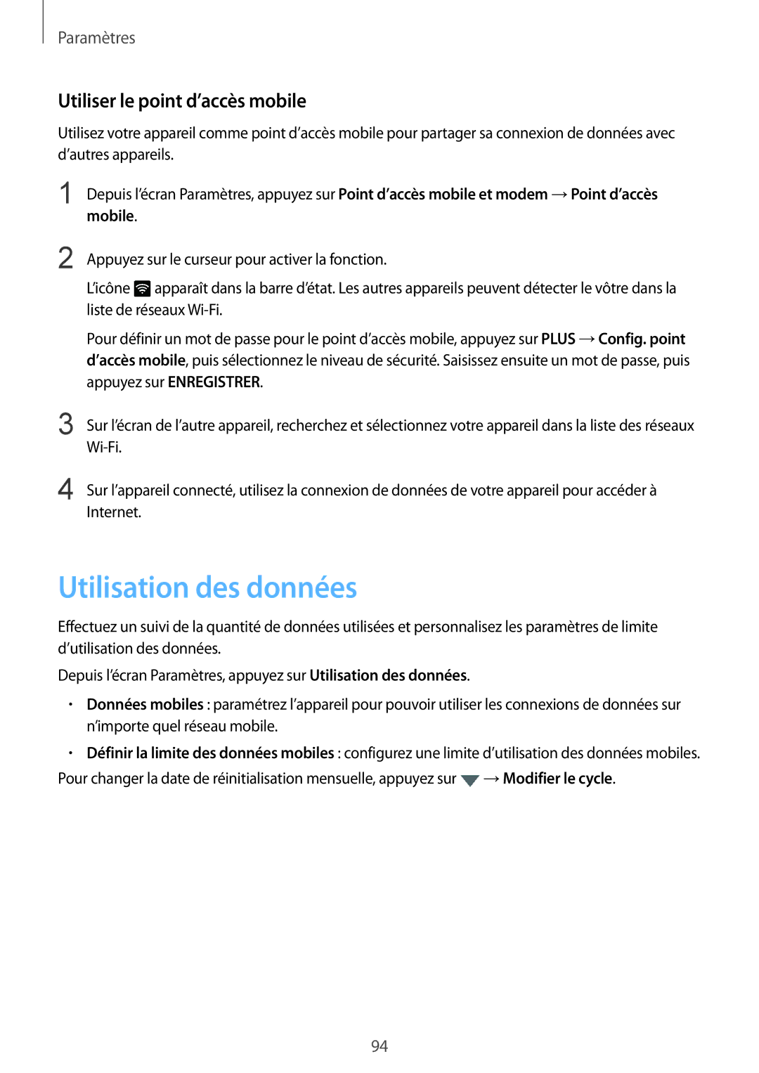 Samsung SM-T815NZWEXEF, SM-T715NZWEXEF manual Utilisation des données, Utiliser le point d’accès mobile 